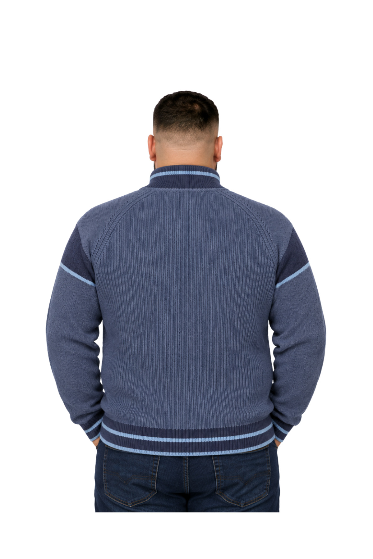 BattalModa Erkek Büyük Beden İndigo Hattush Fermuarlı Dik Yaka Desenli Triko Kazak 3XL-4XL-5XL-6XL görsel 3