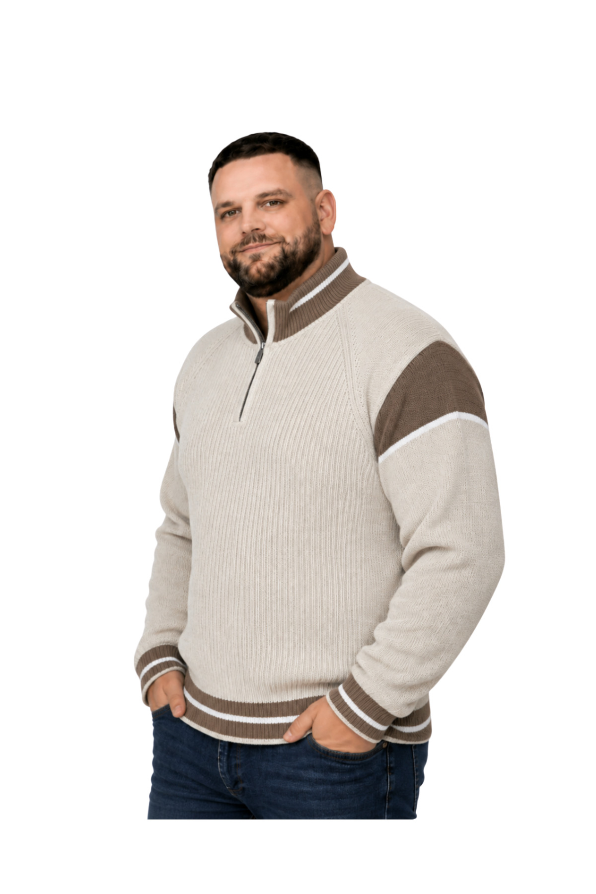 BattalModa Erkek Büyük Beden Koyu Bej Hattush Fermuarlı Dik Yaka Desenli Triko Kazak 3XL-4XL-5XL-6XL görsel 2