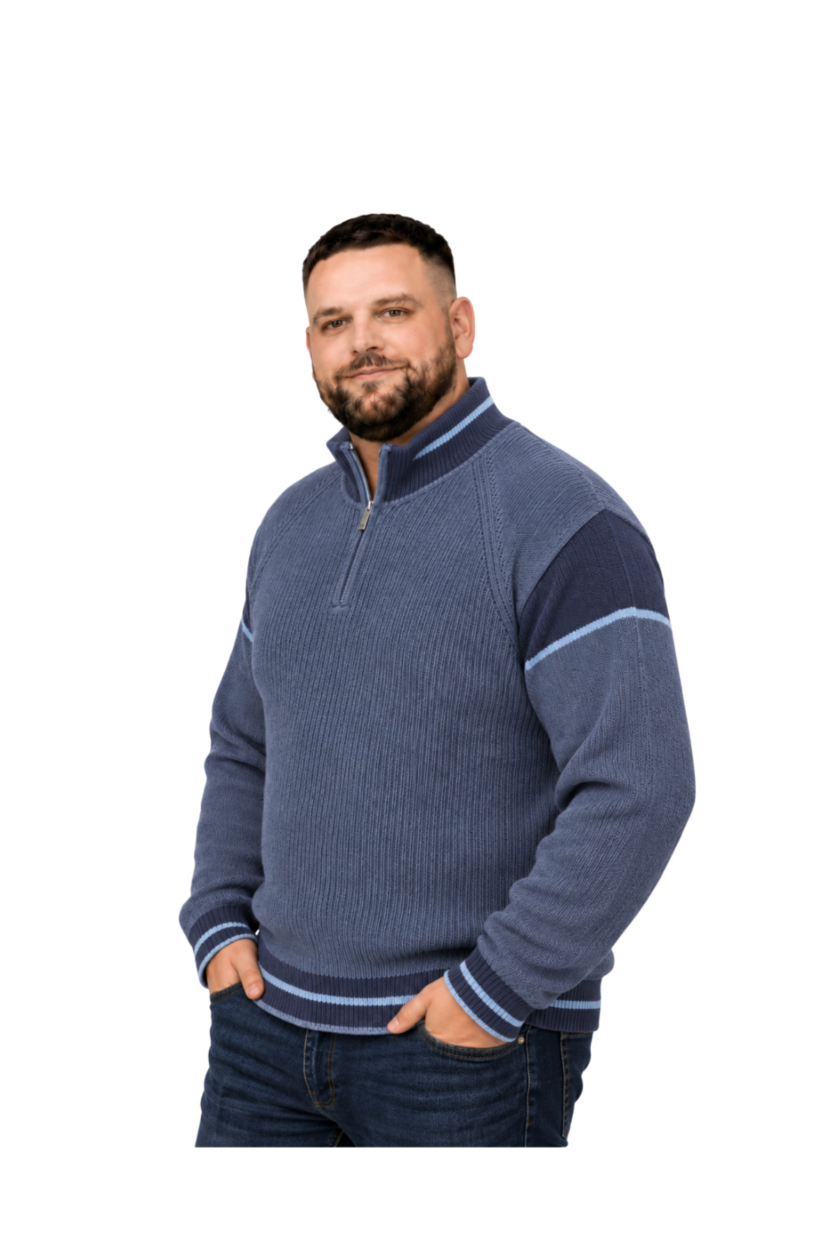BattalModa Erkek Büyük Beden İndigo Hattush Fermuarlı Dik Yaka Desenli Triko Kazak 3XL-4XL-5XL-6XL görsel 2