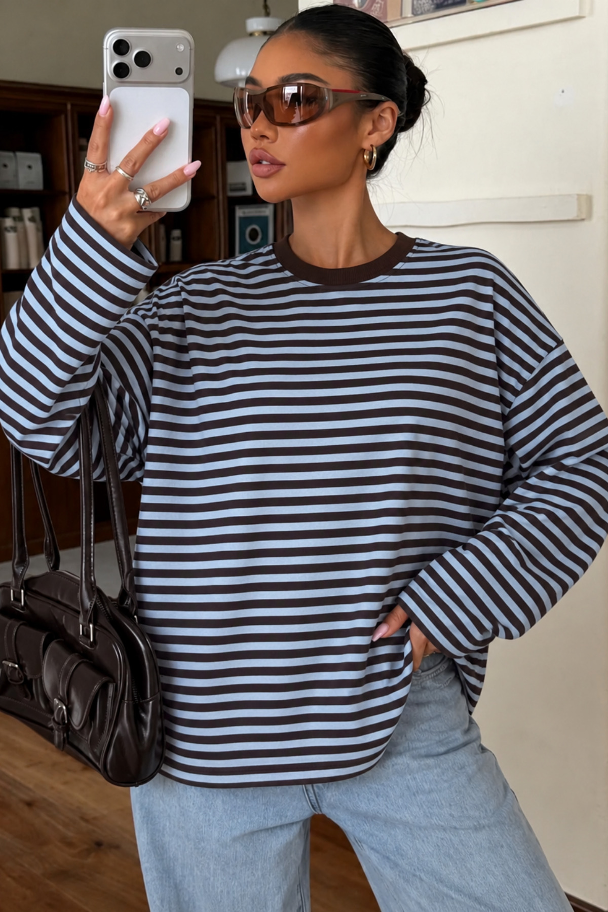Bipantolon Kadın Bebe Mavi Kahverengi Çizgili Bisiklet Yaka Oversize Sweatshirt