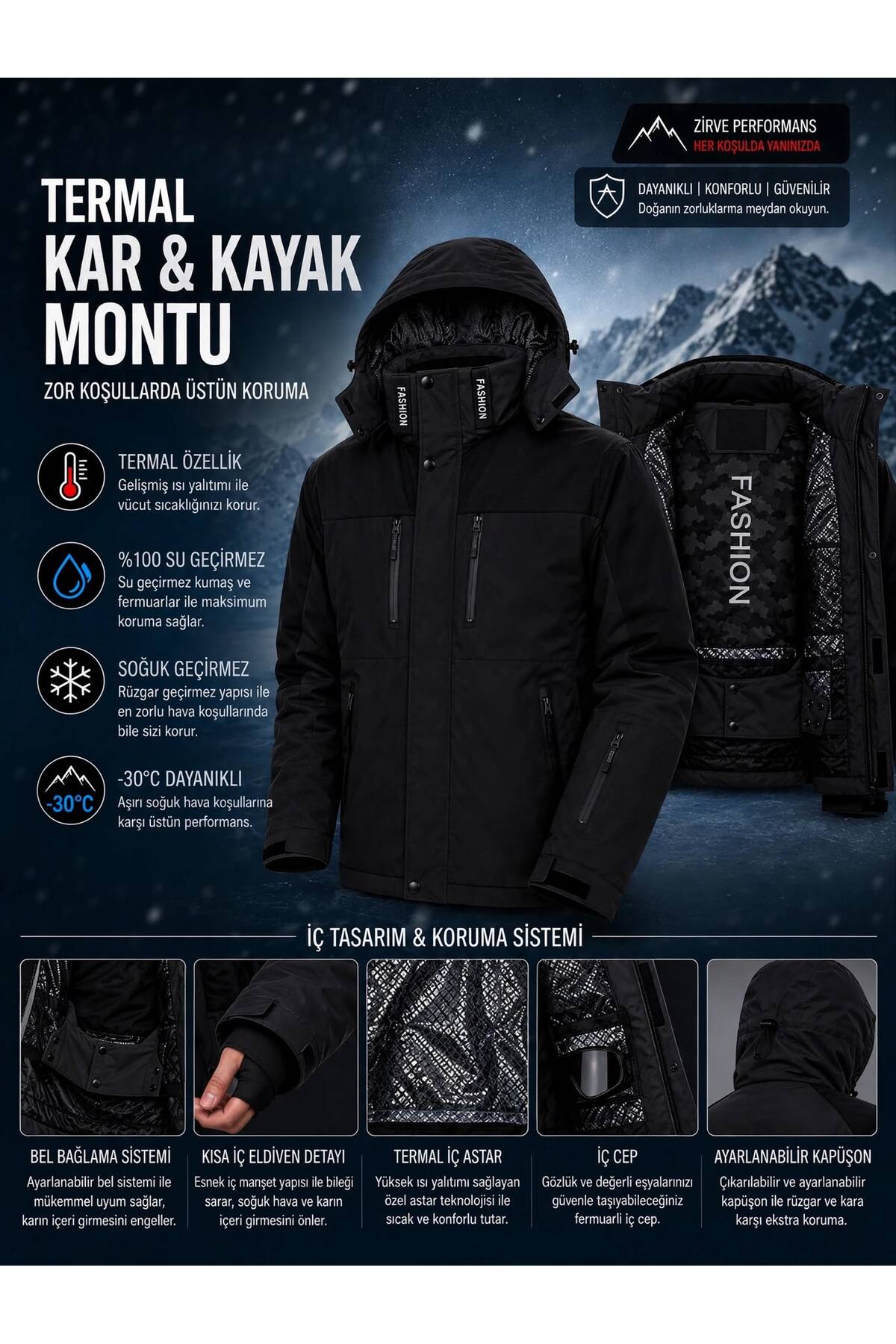 Erkek Siyah Termal Su Geçirmez Kayak Montu — مشکی MZ-KAYAK-2025-SYH