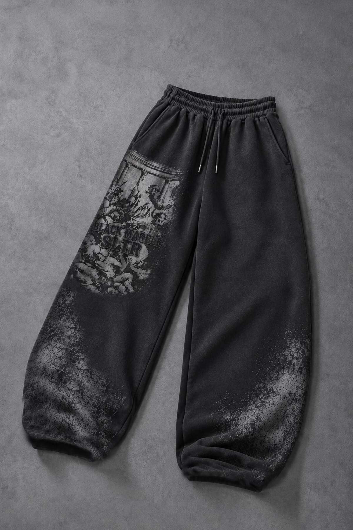 Slatra Erkek Siyah Black Marble Özel Yıkamalı Baggy Eşofman