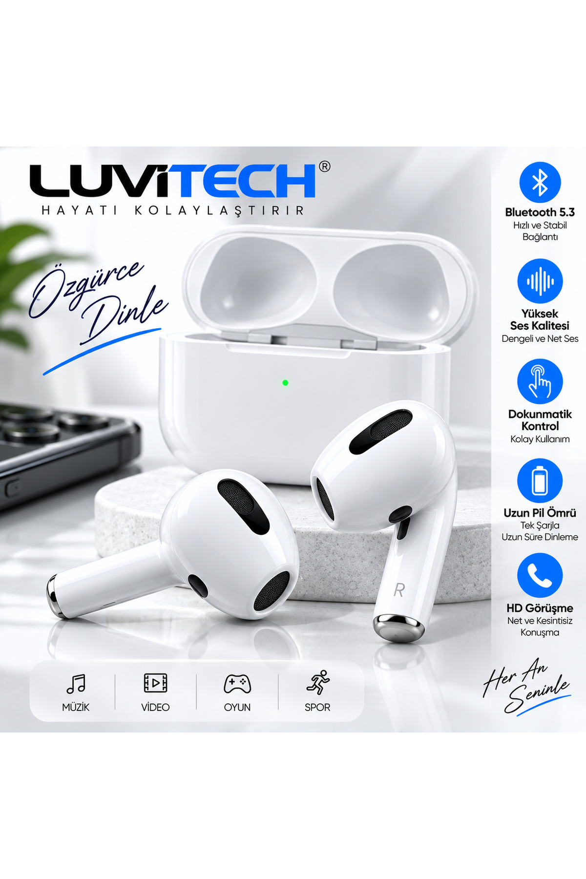 3. Nesil Pro Beyaz Ios Android Uyumlu Kablosuz Bluetooth Kulaklık Yeni Nesil