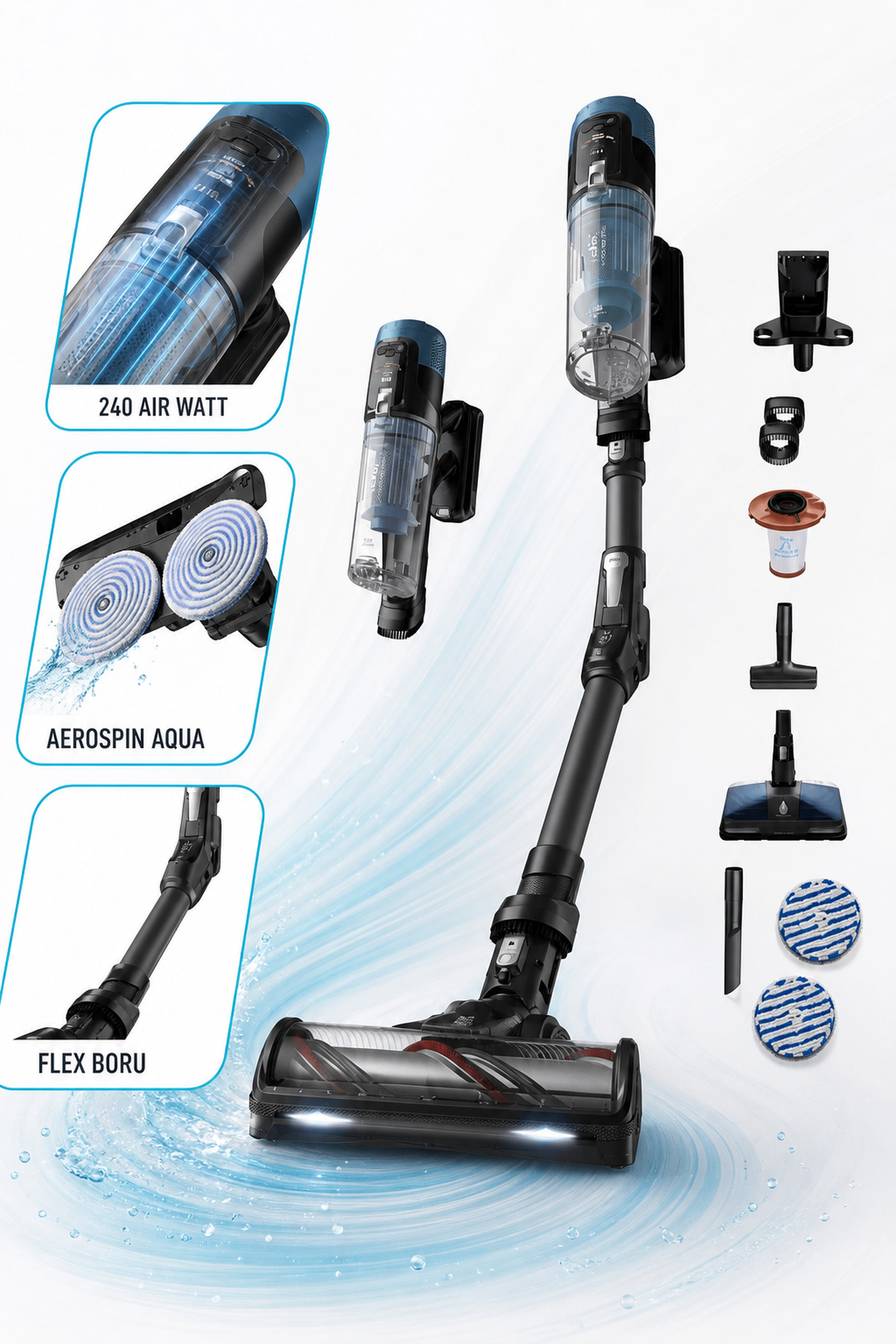 TEFAL X-Force Flex 14.80 Şarjlı Dikey Süpürge Bükülebilir Boru Yüksek Emiş Gücü LED Başlık EPA Filtre Kablosuz Halı Parke Koltuk ve Araç İçi Temizlik Mavi