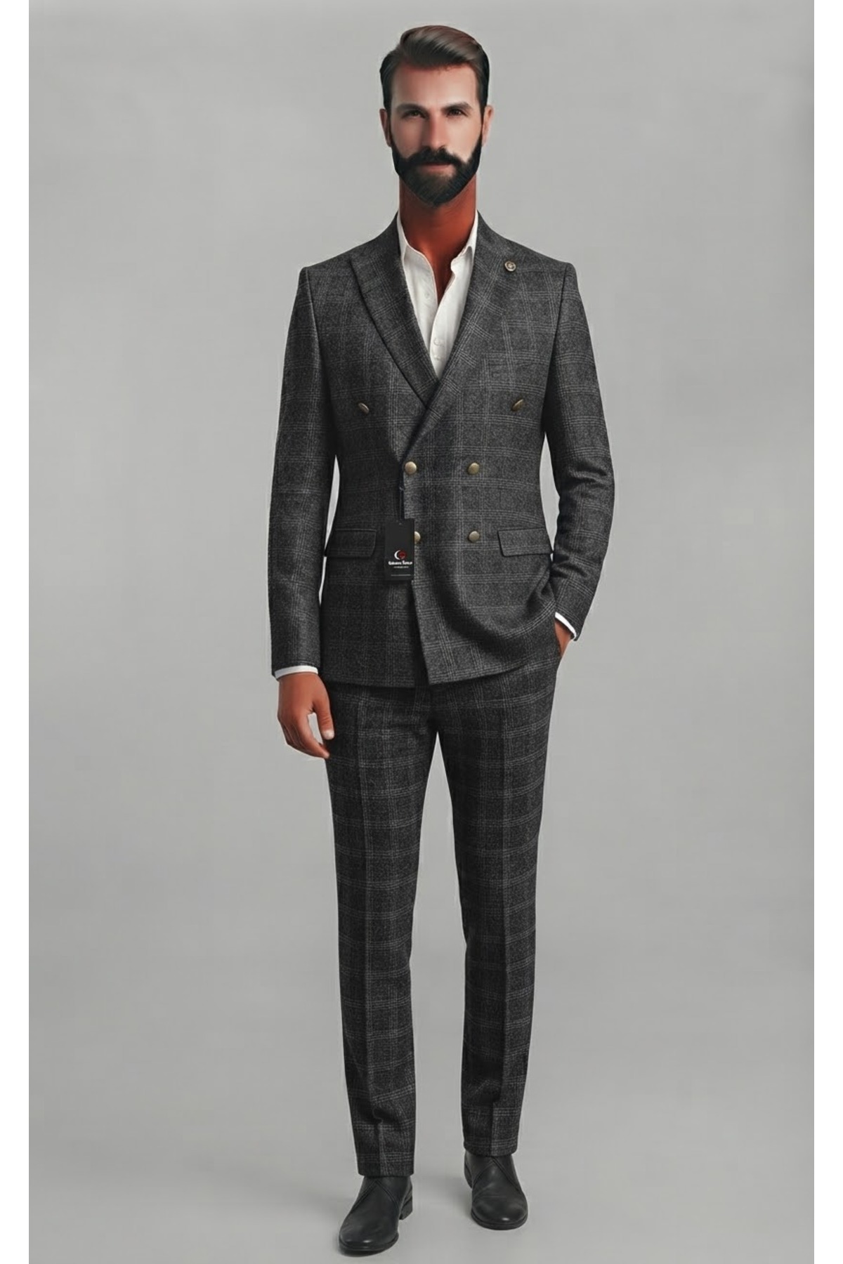 Erkek Siyah Ekose Desenli Slim Fit Kruvaze Takım Elbise — مشکی 393karelikruvazetakım