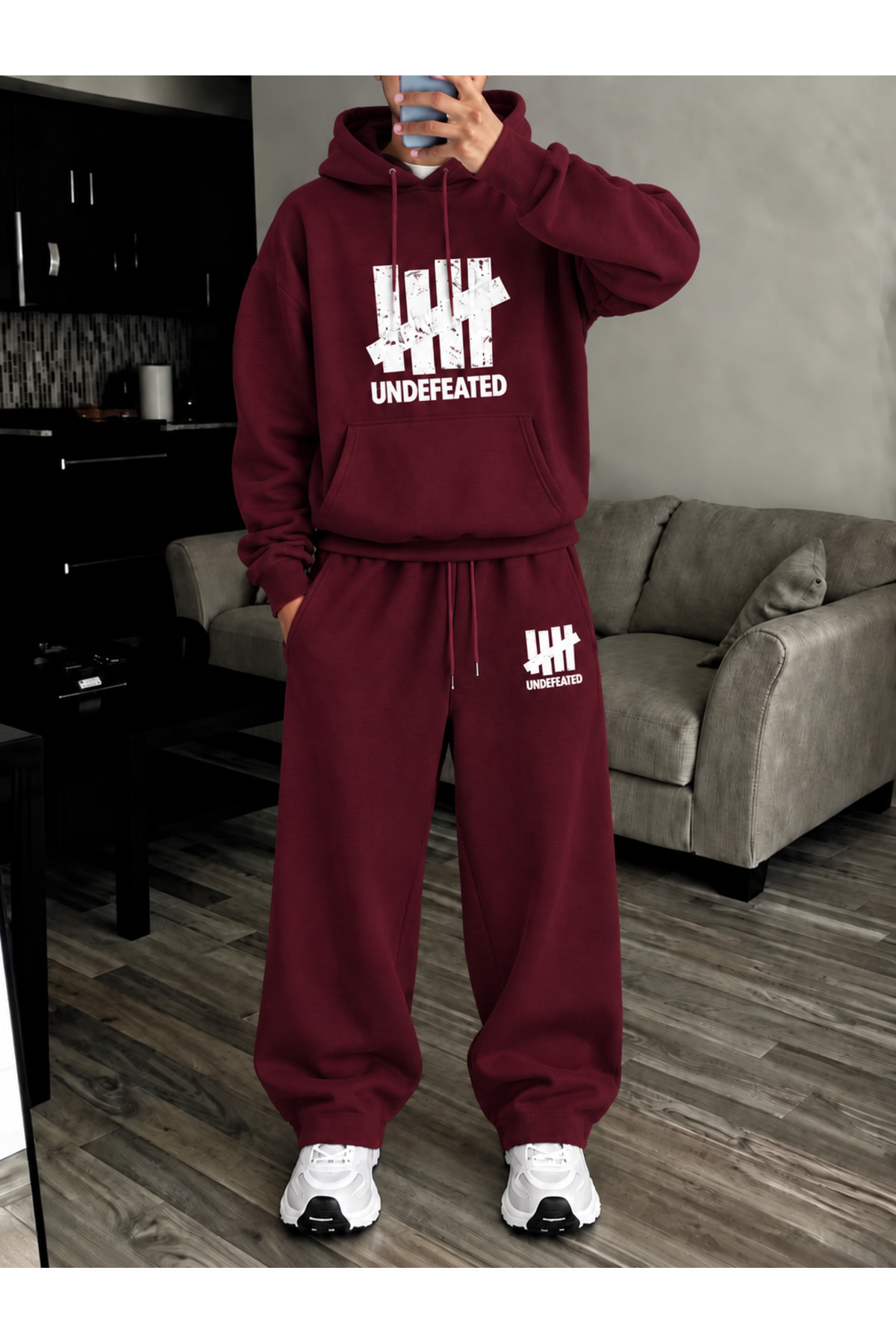 Unisex Kadın Erkek Undefeated Baskılı Oversize Kışlık Sweatshirt Ve Baggy Eşofman Takımı — زرشکی COMANUNDEFEATED