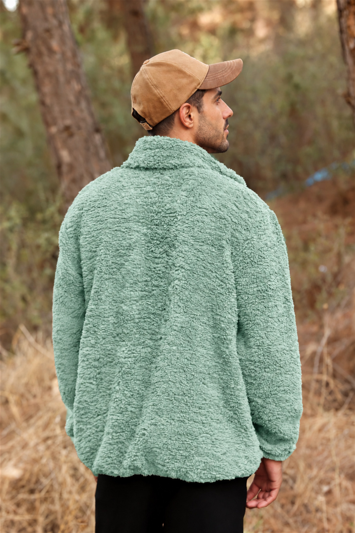 Erkek Yeşil Kuzu Welsoft Polar Ceket Dik Yaka Fermuarlı Oversize — سبز E0600-EQ — تصویر 3 از 7
