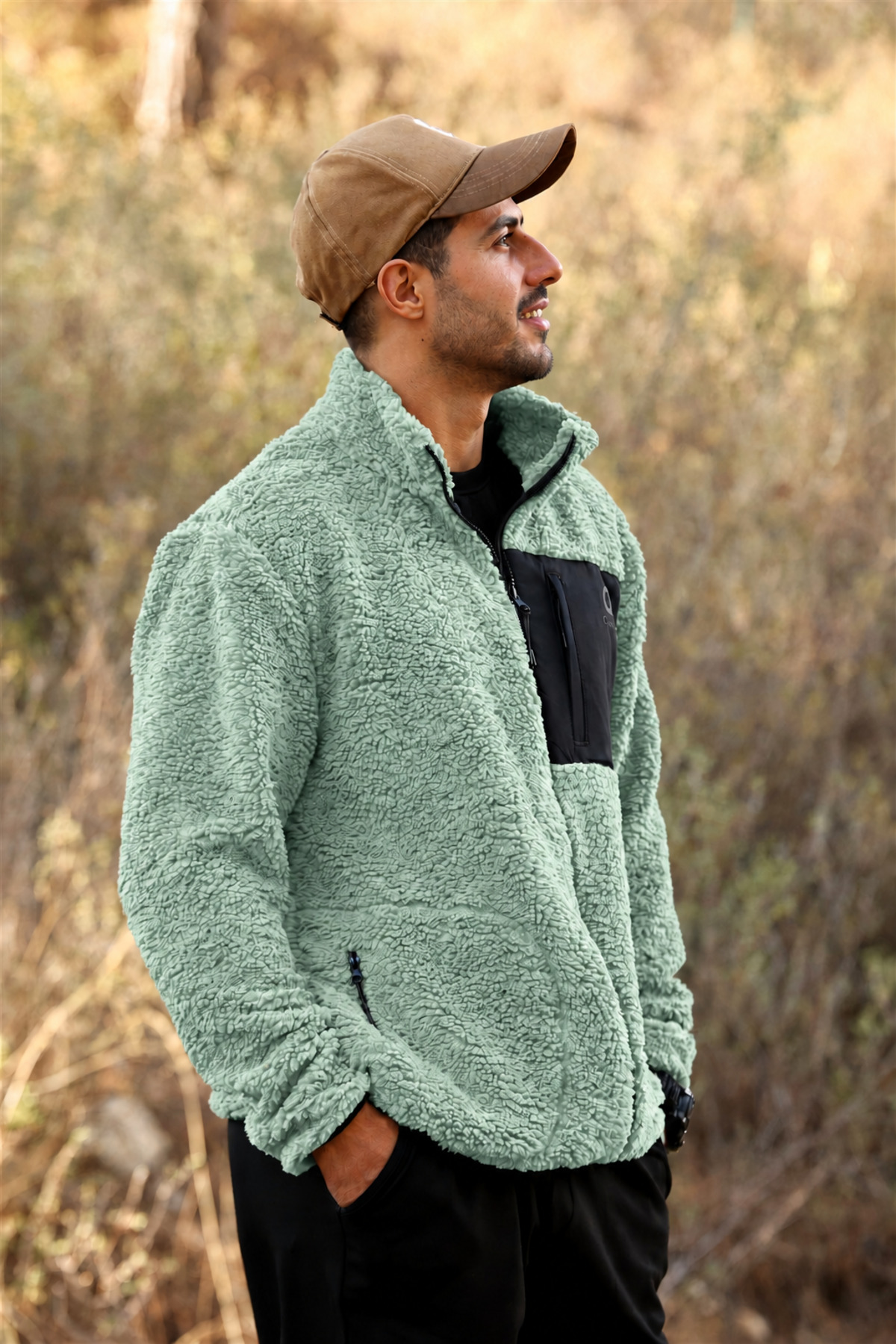Erkek Yeşil Kuzu Welsoft Polar Ceket Dik Yaka Fermuarlı Oversize — سبز E0600-EQ — تصویر 4 از 7