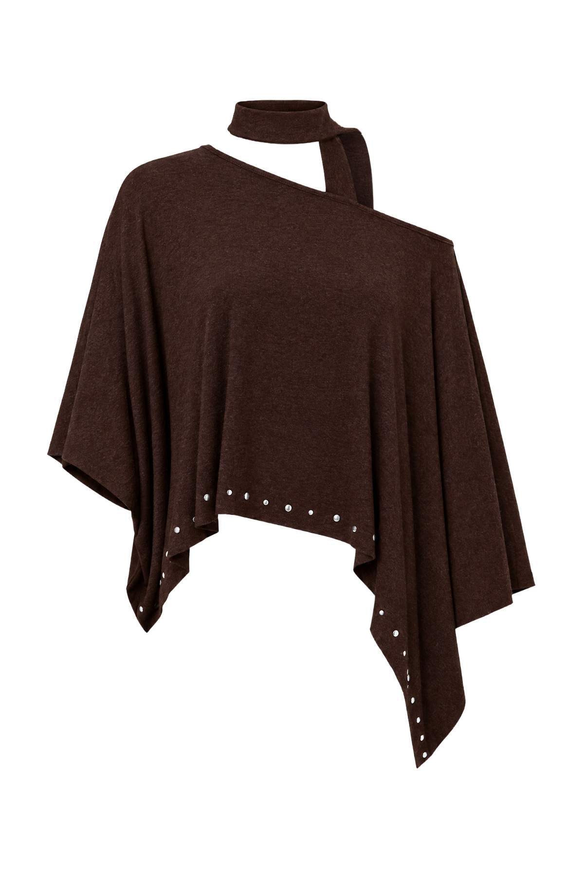 Trendyolmilla Kahverengi Oversize Asimetrik Yaka Aksesuar Detaylı Crop Triko Görünümlü Örme Bluz TWOAW27BZ00305