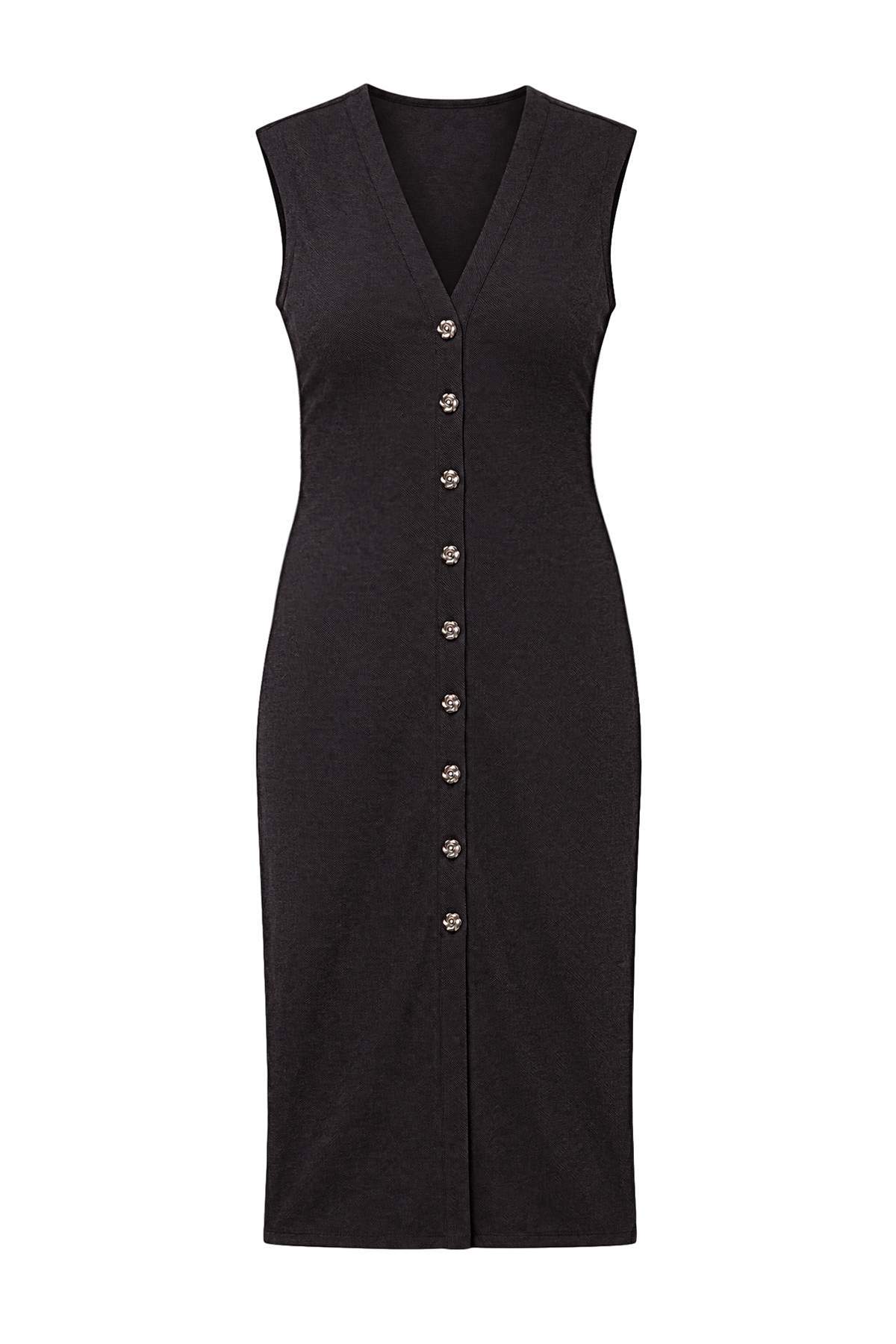 Trendyolmilla Antrasit Bodycon/Vücuda Oturan V Yaka Kolsuz Düğmeli Midi Selanik Örme Elbise TWOAW27EL00021