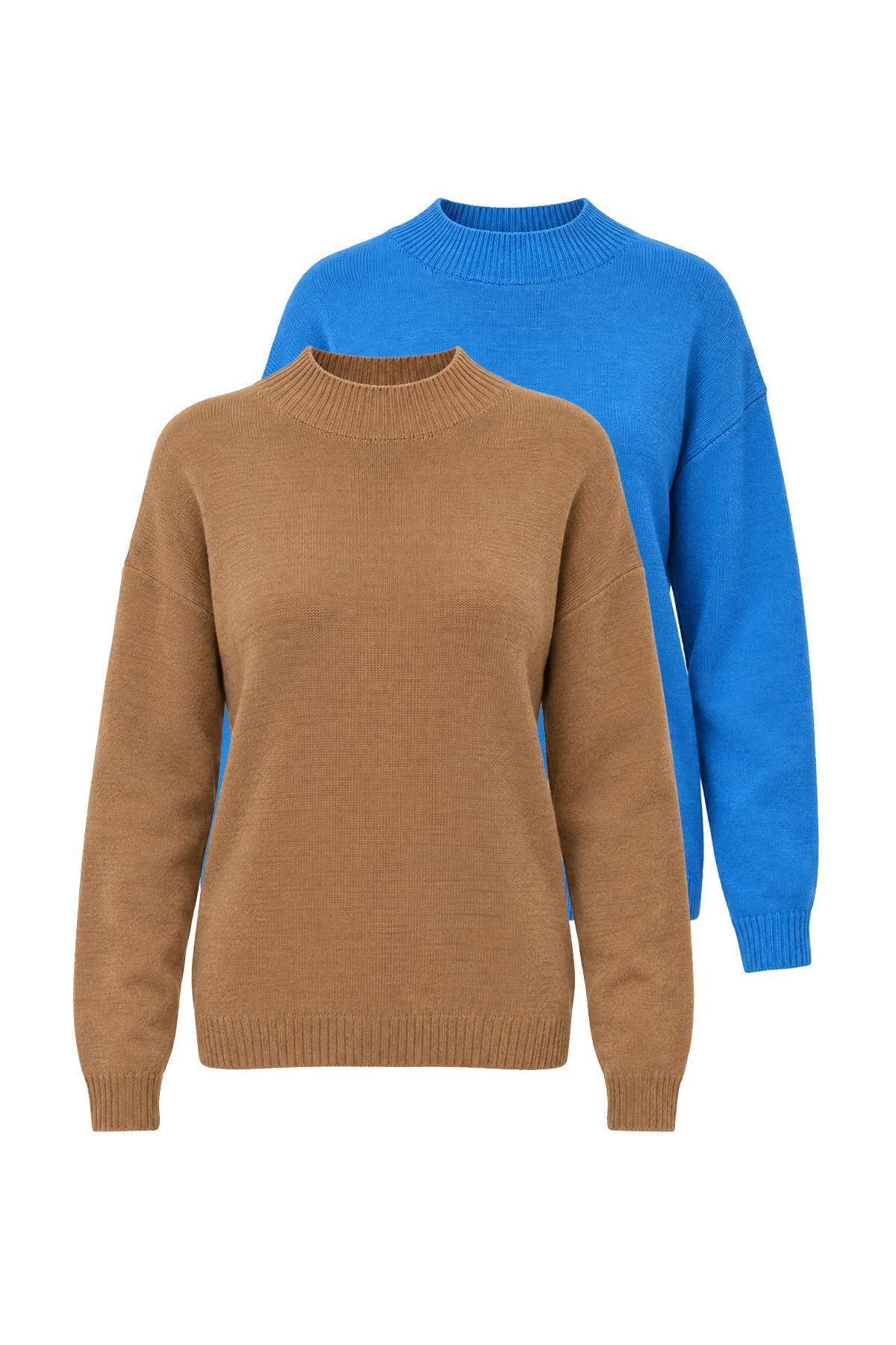 Trendyolmilla Mavi-Bej Basic İkili Paket Triko Kazak TWOAW26KZ00232