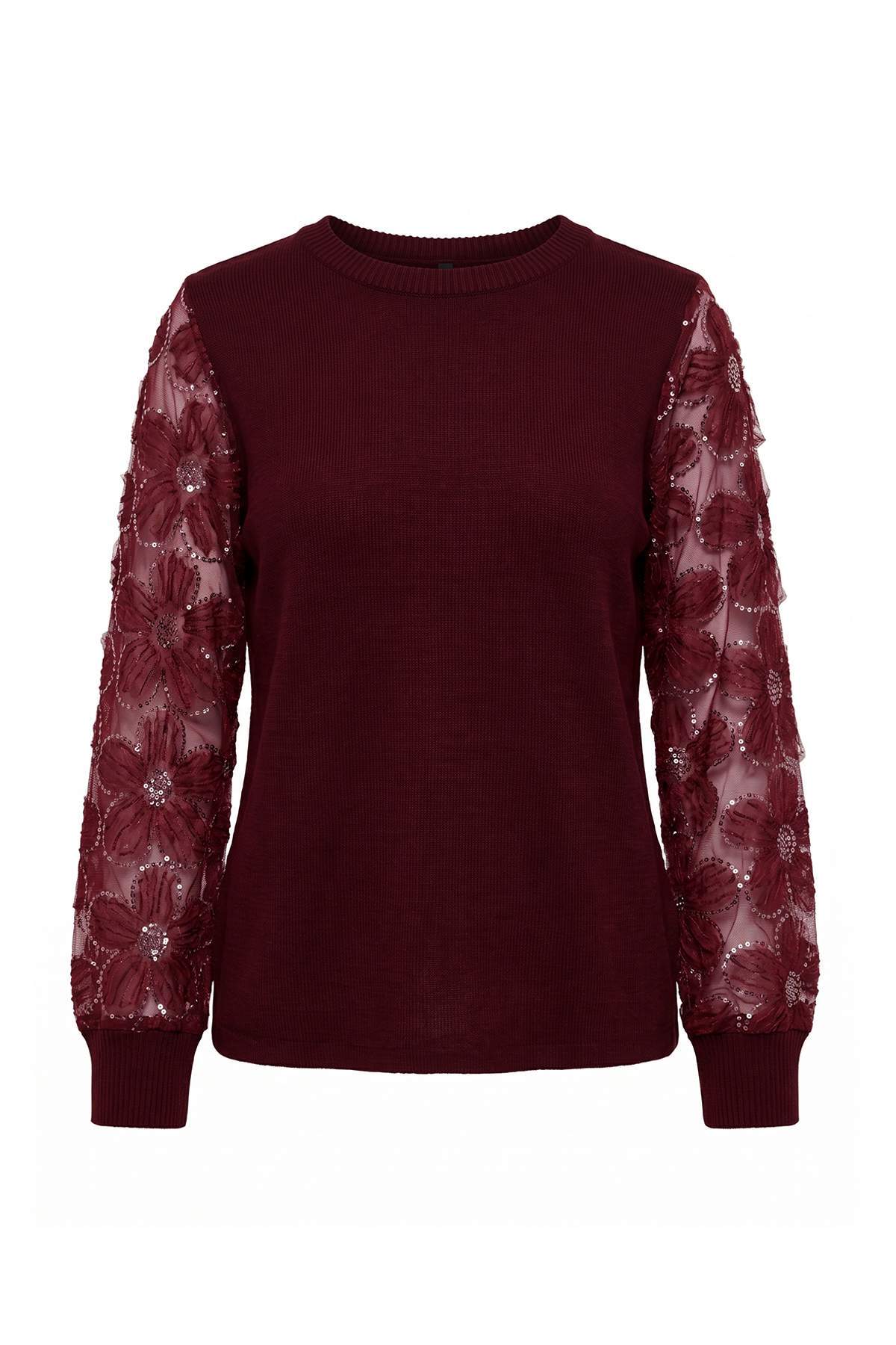 Trendyolmilla Bordo Tül Garnili Kol Detaylı Triko Kazak TWOAW26KZ00164