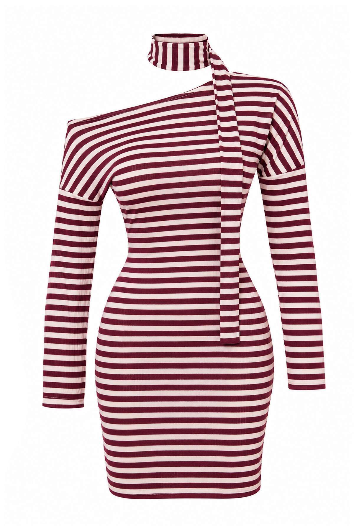 Trendyolmilla Mürdüm Bodycon/Vücuda Oturan Fularlı Midi Asimetrik Yaka Uzun Kollu Örme Elbise TWOAW27EL00188