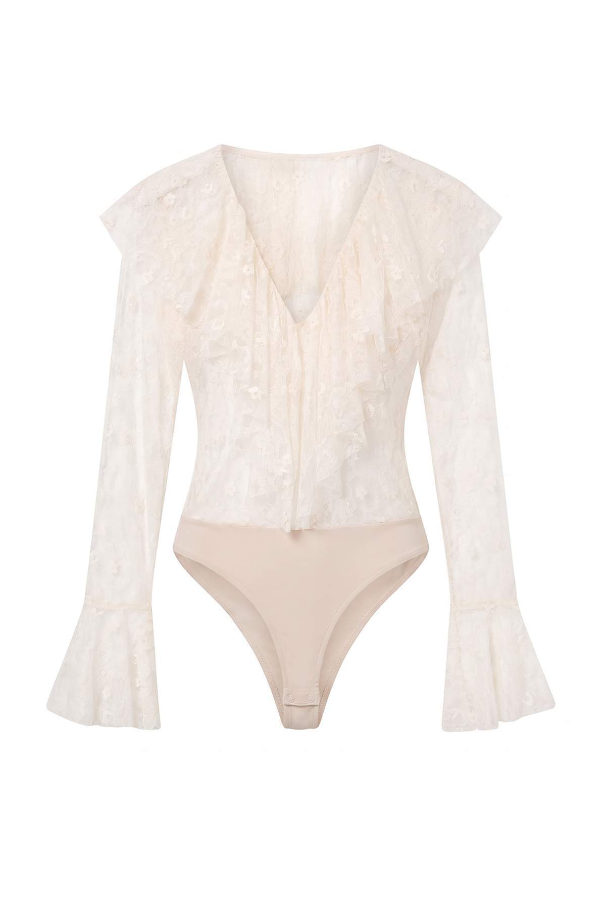 Trendyolmilla Ekru V Yaka Volanlı Bohem Dantel Body TPRAW27BD00014
