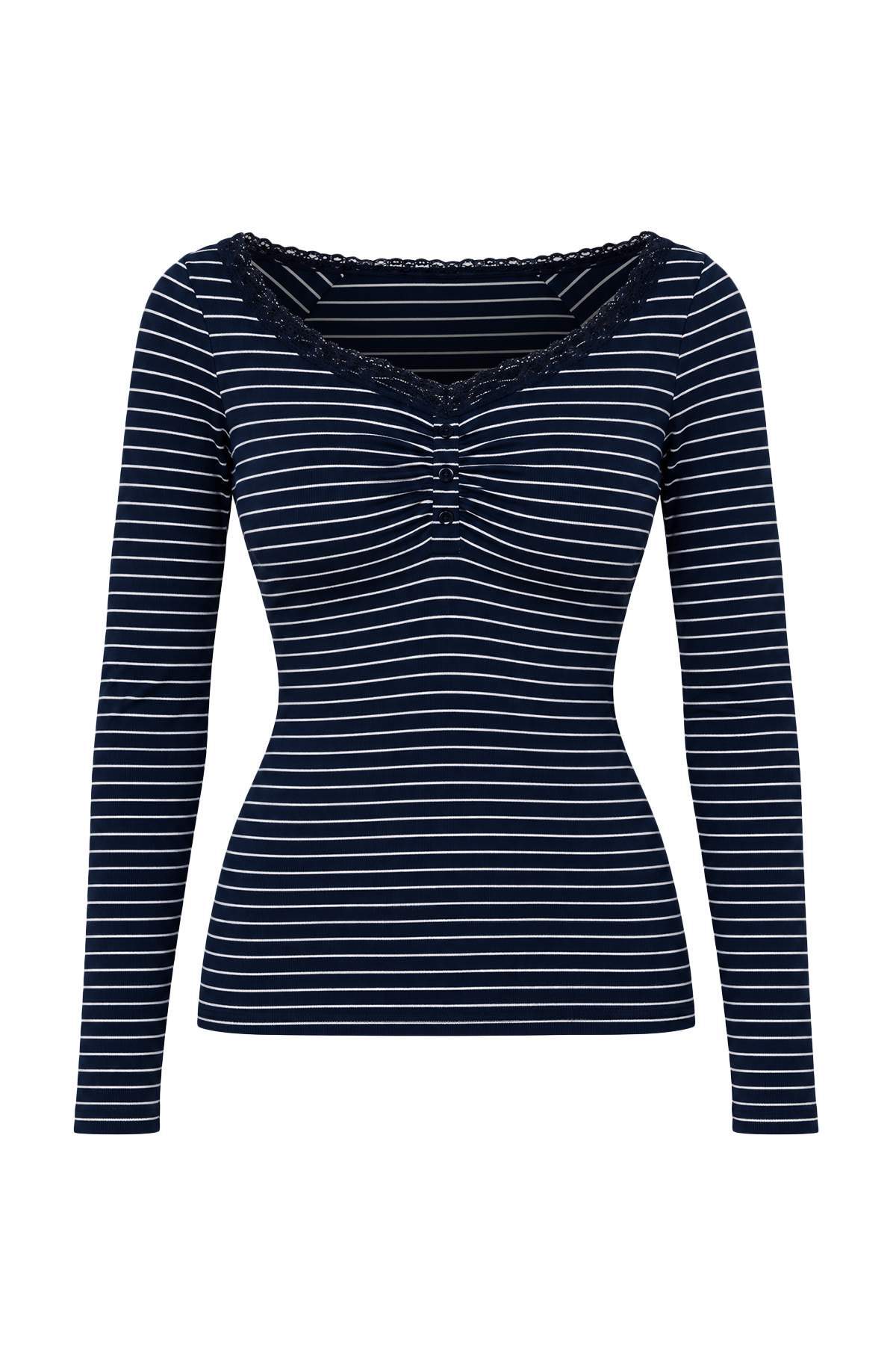 Trendyolmilla Lacivert Çizgili Fitted/Vücuda Oturan Dantel Detaylı Düğmeli Örme Bluz TWOAW27BZ00297
