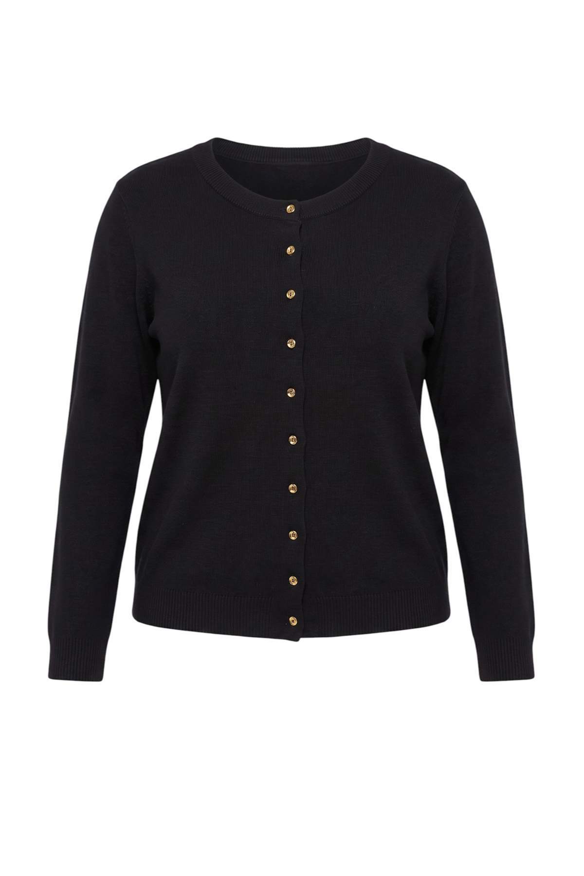 Trendyolmilla Curve Wardrobe Essentials Siyah Düğme Detaylı Pamuklu Basic Triko Hırka TBBAW26AV00042
