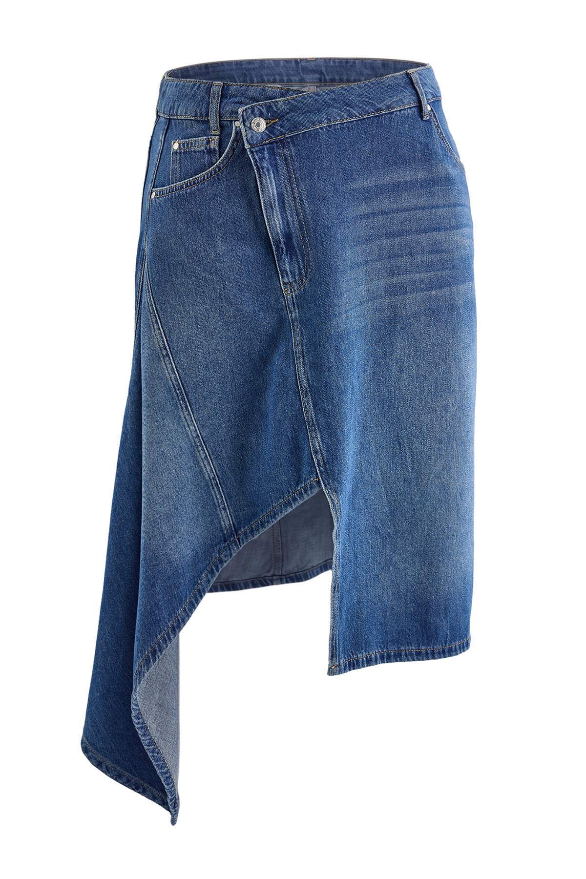 Trendyolmilla Curve Mavi Normal Bel Etek Ucu Asimetrik A-Line Denim Büyük Beden Etek TBBAW27AZ00034