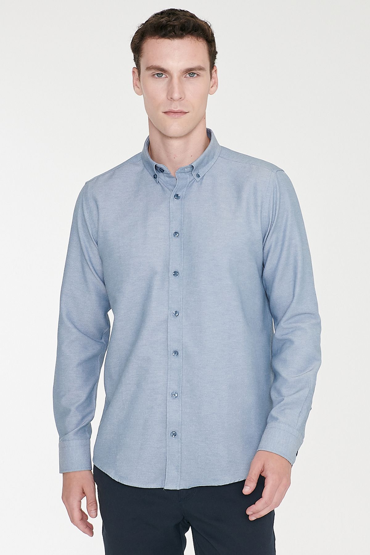 AC&Co / Altınyıldız Classics Erkek Oxford Kolay Ütülenebilir Pamuklu Terletmez Gömlek Gri Düğmeli Yaka Slim Fit Dar Kesim görsel 5