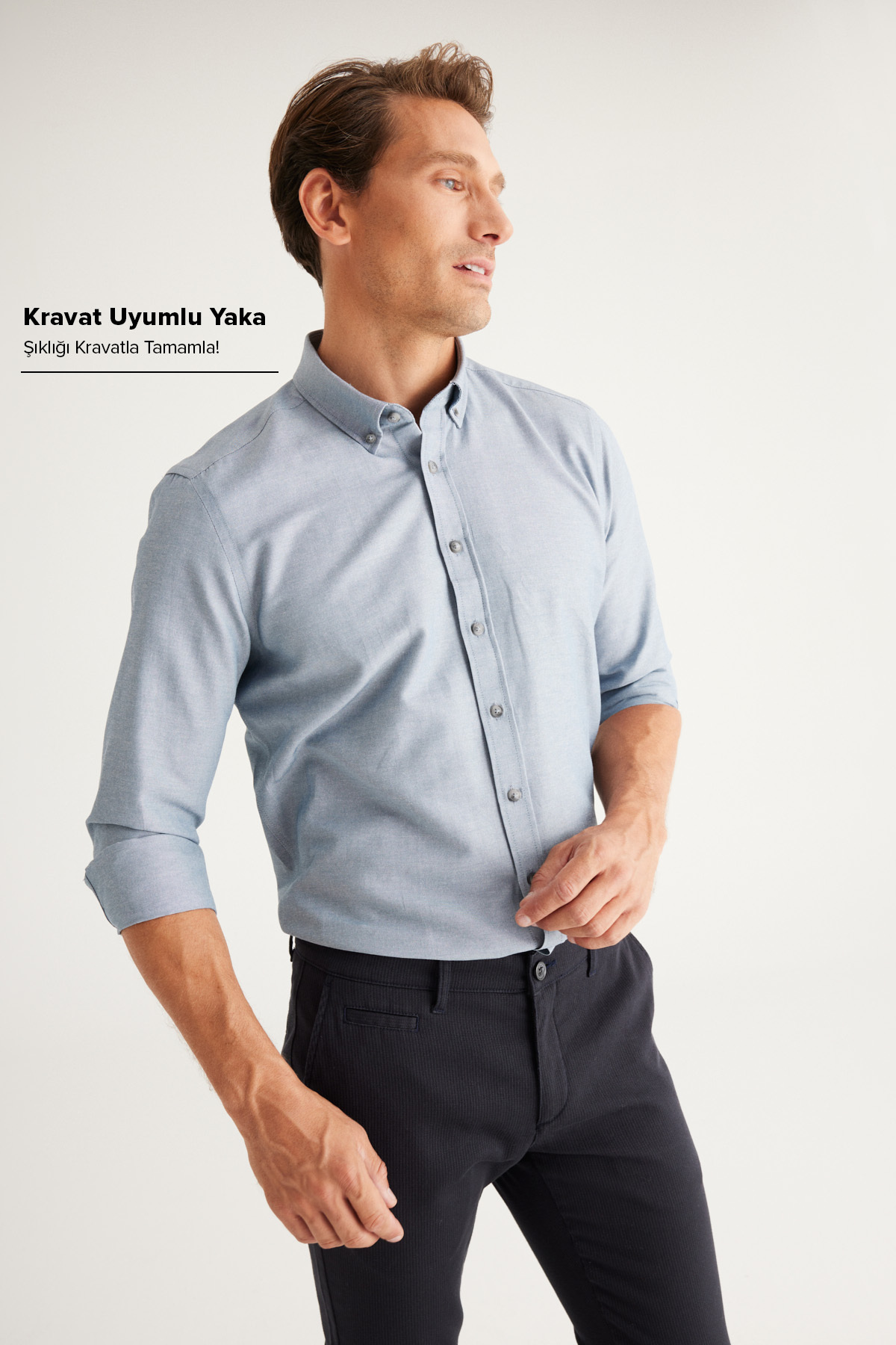 AC&Co / Altınyıldız Classics Erkek Oxford Kolay Ütülenebilir Pamuklu Terletmez Gömlek Gri Düğmeli Yaka Slim Fit Dar Kesim görsel 2