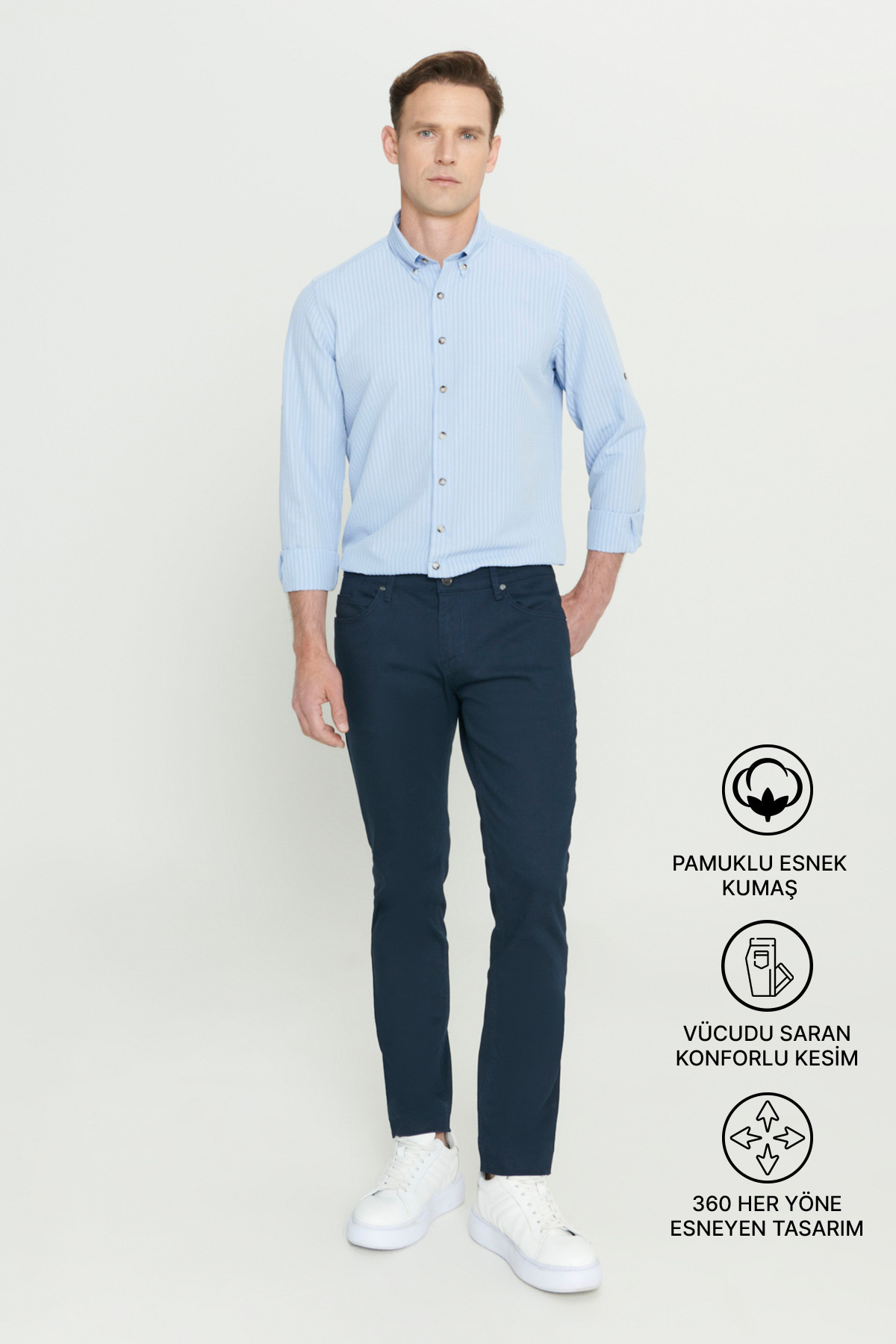 AC&Co / Altınyıldız Classics Erkek Lacivert Diz İzi Yapmayan 360 Derece Her Yöne Esneyen Slim Fit Diagonal Desenli Esnek Pantolon