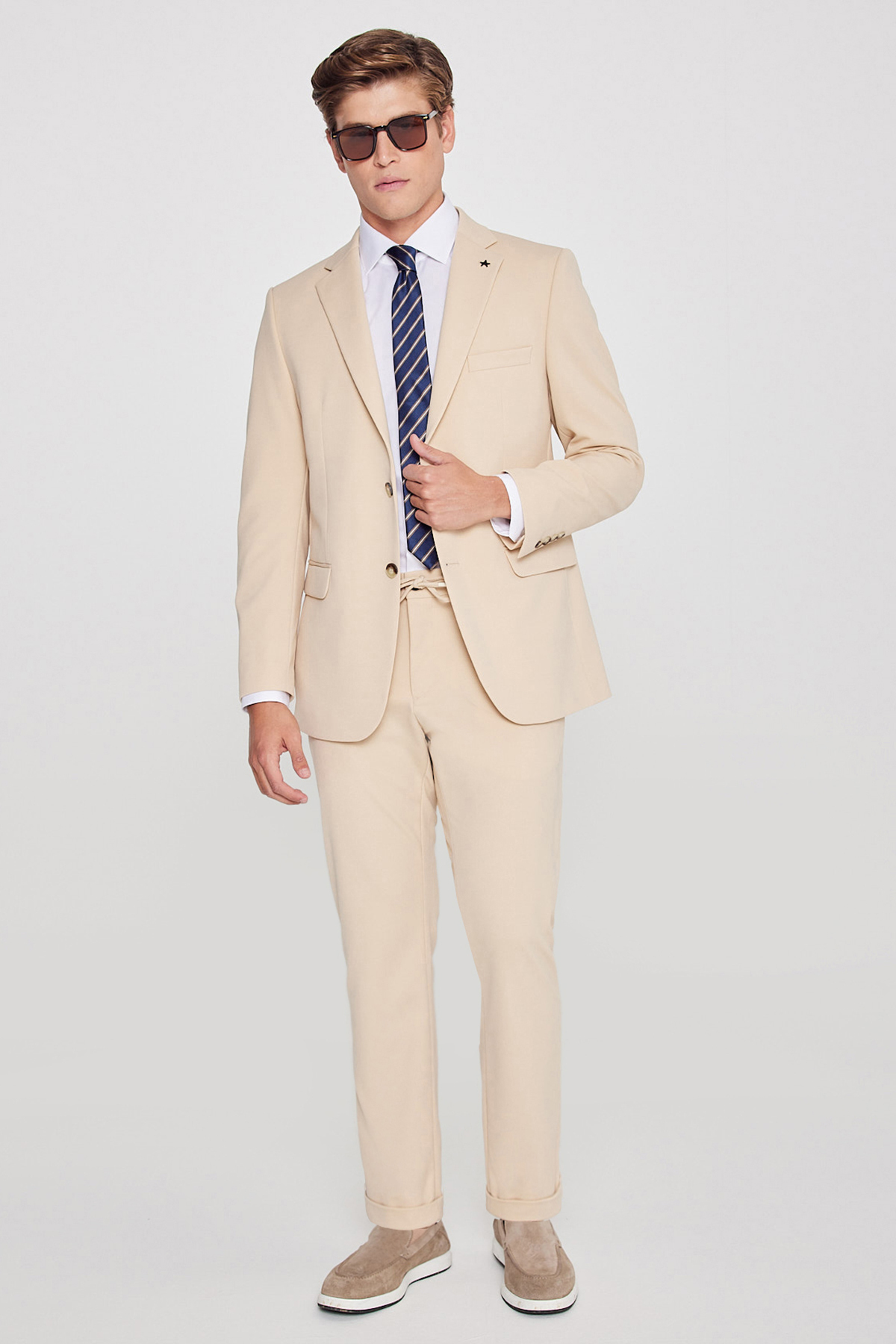 AC&Co / Altınyıldız Classics Erkek Bej Slim Fit Dar Kesim Mono Yaka Beli Bağlamalı Kapak Cepli Esnek Takım Elbise görsel 6