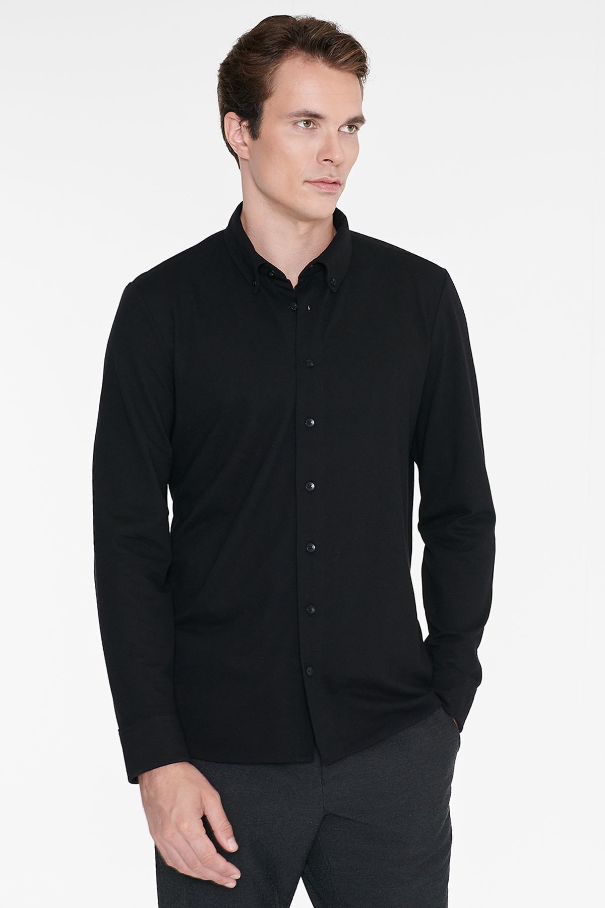 AC&Co / Altınyıldız Classics Erkek Oxford Kolay Ütülenebilir Pamuklu Terletmez Gömlek Siyah Düğmeli Yaka Slim Fit Dar Kesim görsel 7