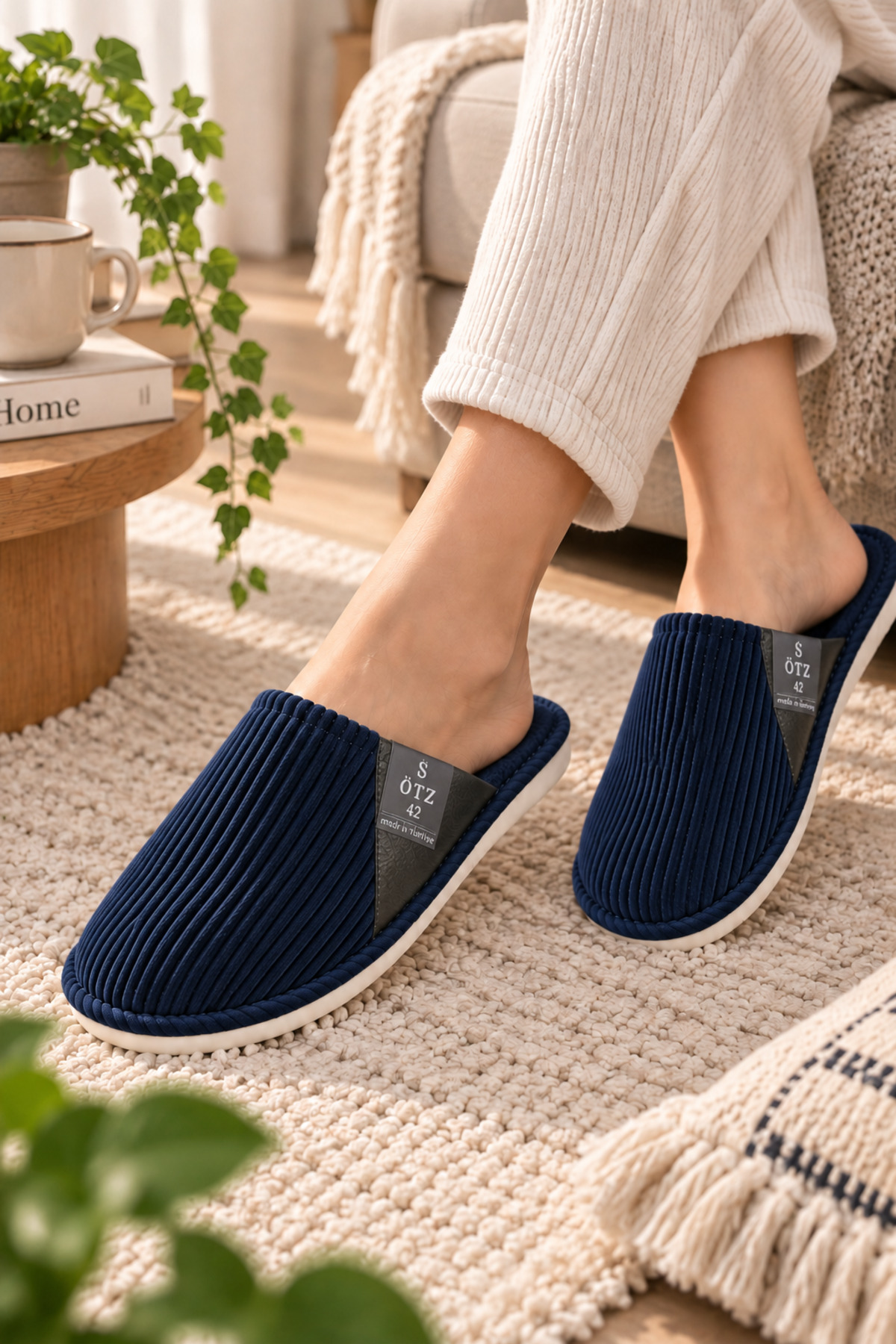 Slipcat Unisex Ev Terliği Kaymaz Tabanlı Ribana Kumaş Konforlu Model Şık ve Konforlu Ev İçi Terlik Yarı Der görsel 3