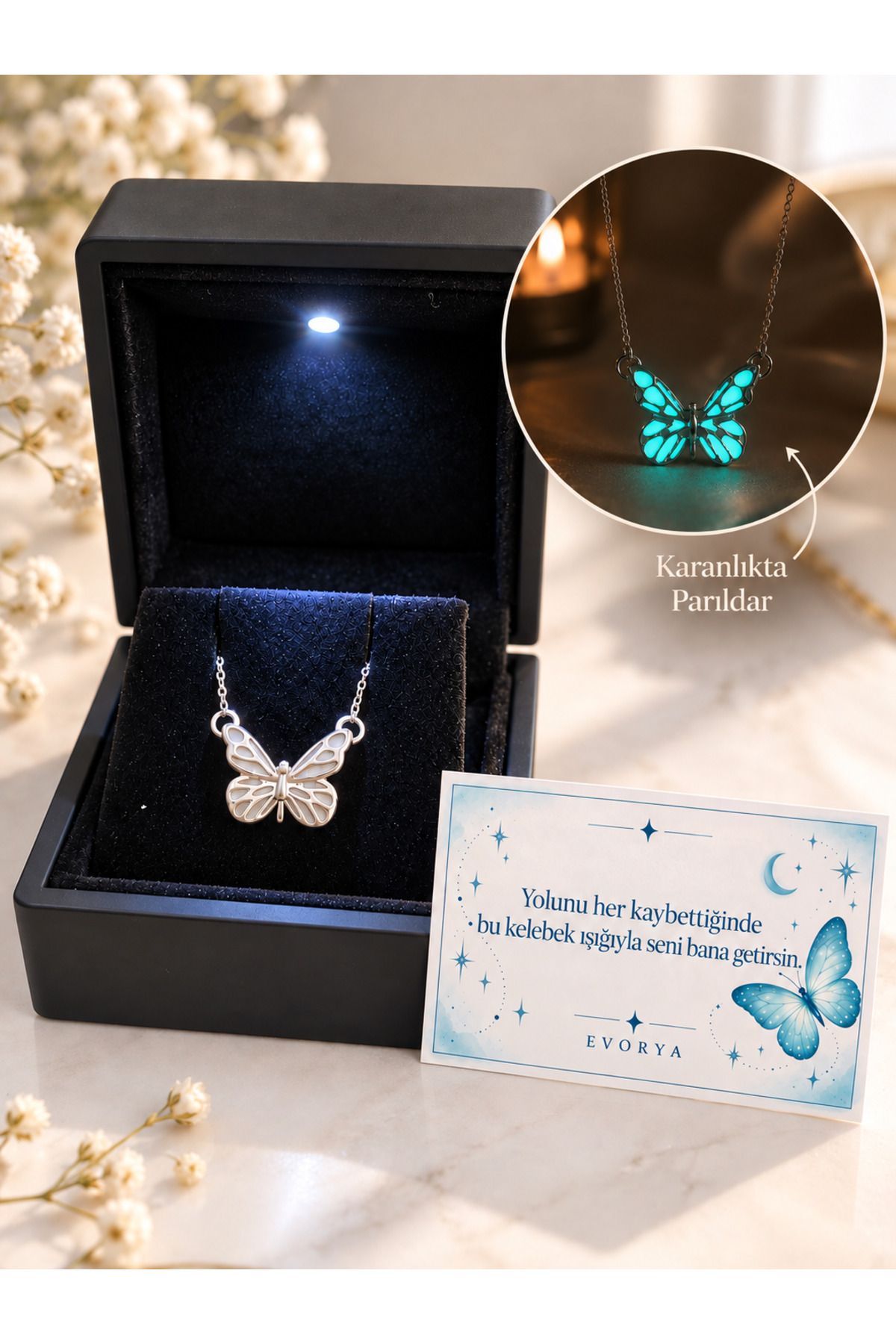 Evorya 925 Gümüş Karanlıkta Parlayan Fosforlu Kelebek Kolye | Işıklı Kutu & Not Kartı görsel 2