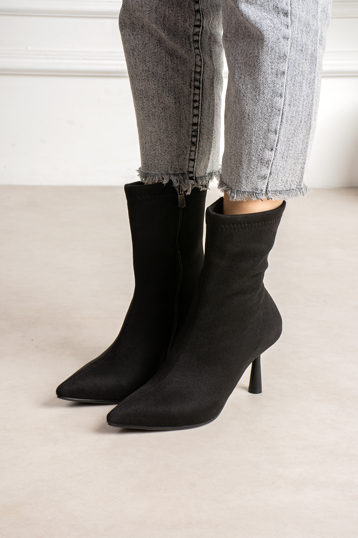 dabab shoes MARYA Kadın Siyah Streç Lüks Süet Sivri Burun Sıcak Astarlı Fermuarlı 7 Cm İnce Topuklu Bot Bootie görsel 2