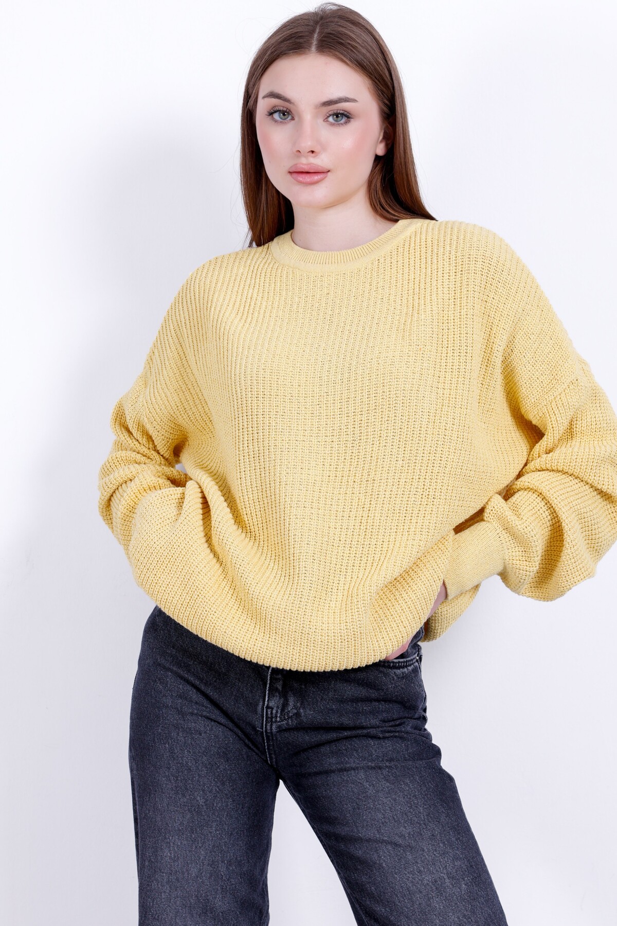 Kırlangıç Moda Sarı Oversize Bisiklet Yaka Kadın Triko Kazak
