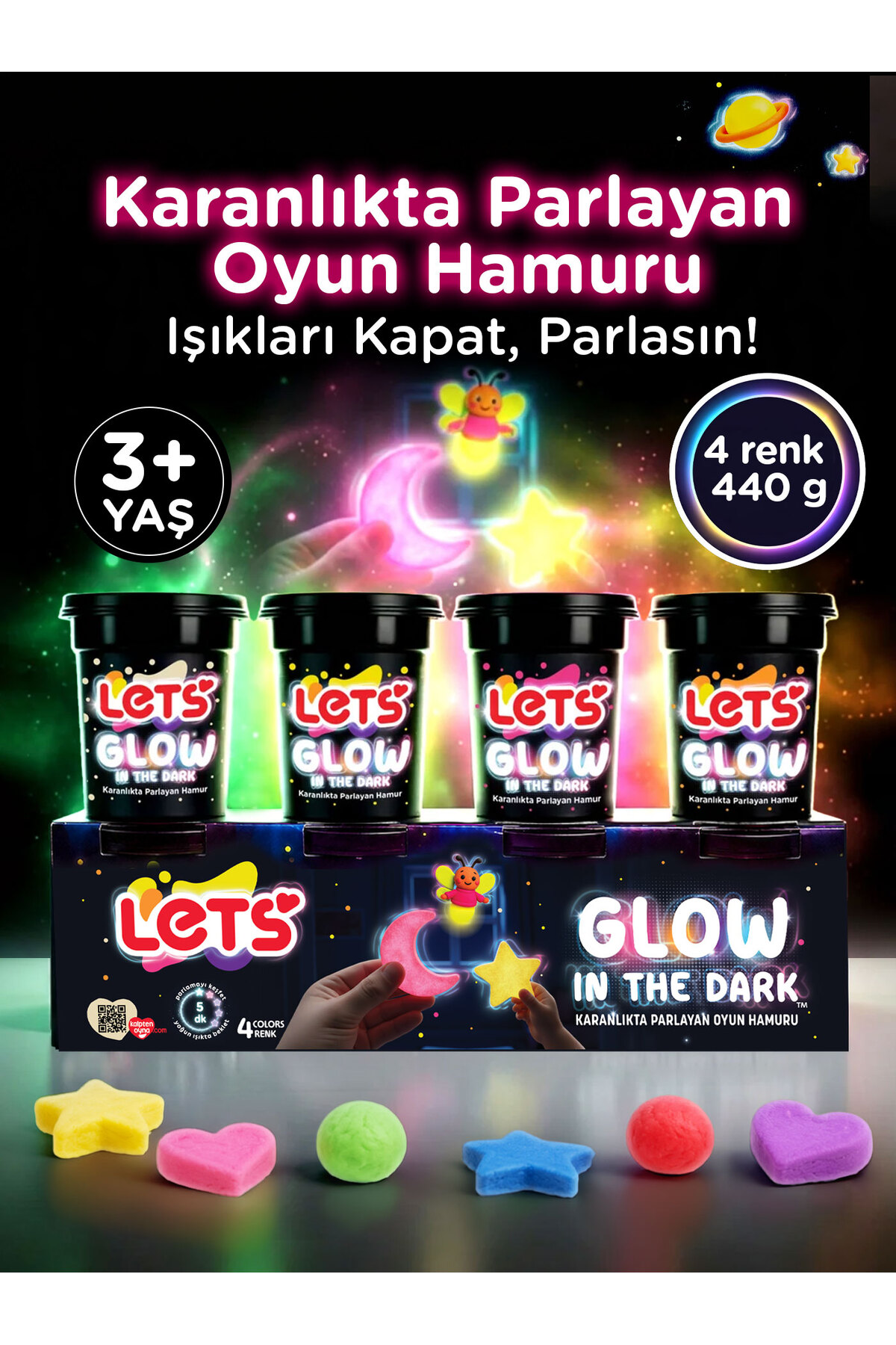 Lets 4 Renk Karanlıkta Parlayan Oyun Hamuru 440g