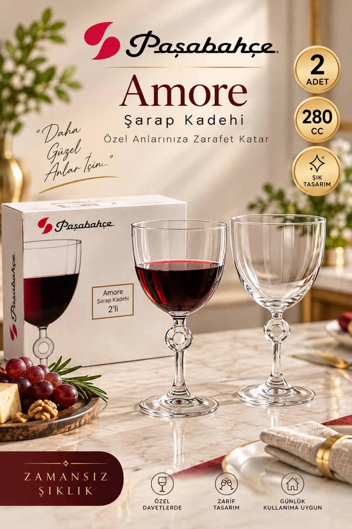 Paşabahçe 440303 Amore Şarap Kadehi 280 cc 2'li