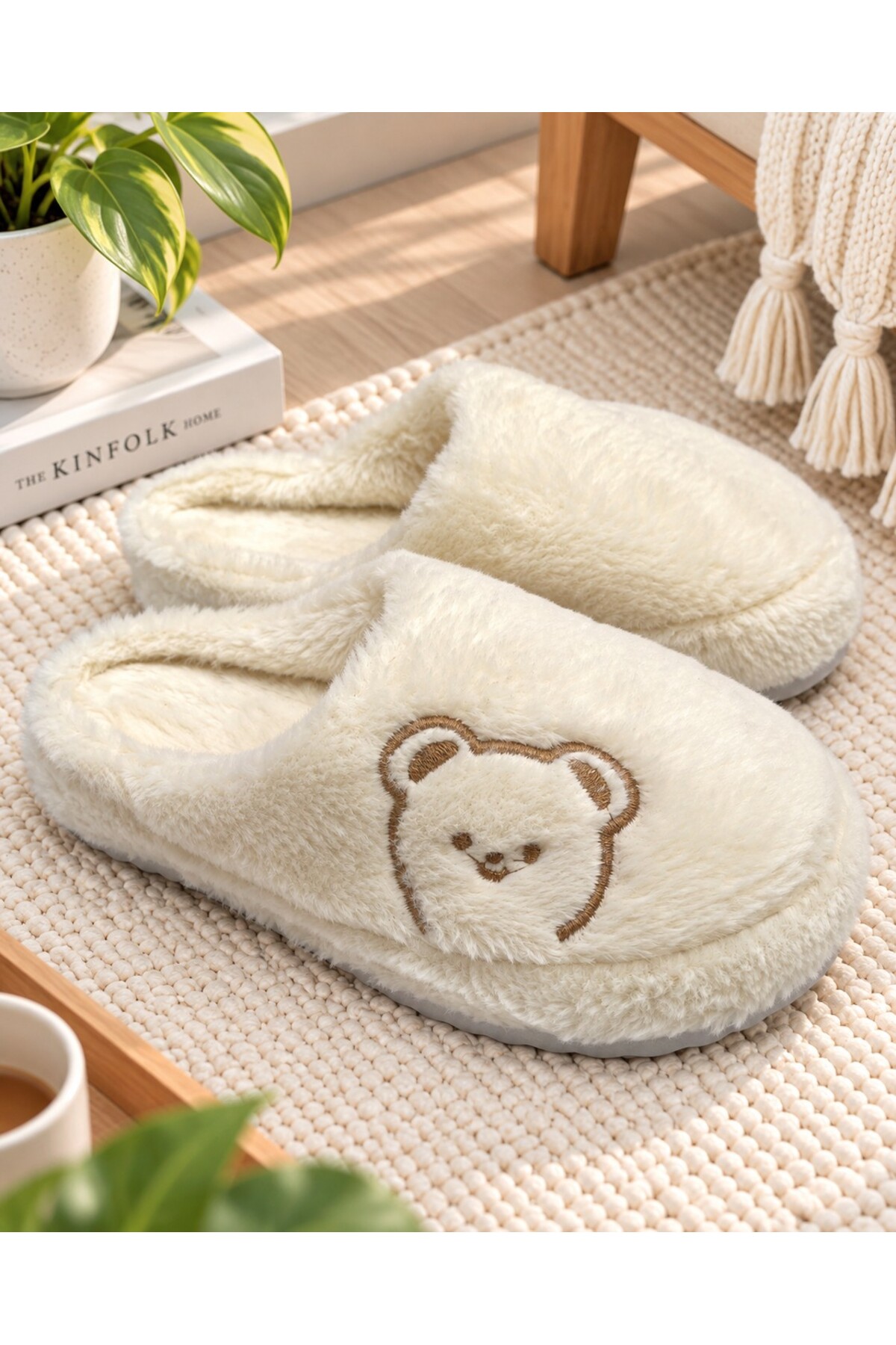 Moda Frato FLUFFY Ayıcık Desenli Kadın Ev Terliği Kışlık Yünlü Terlik Ses Yapmayan İçi Yünlü Günlük Rahat Terlik görsel 3