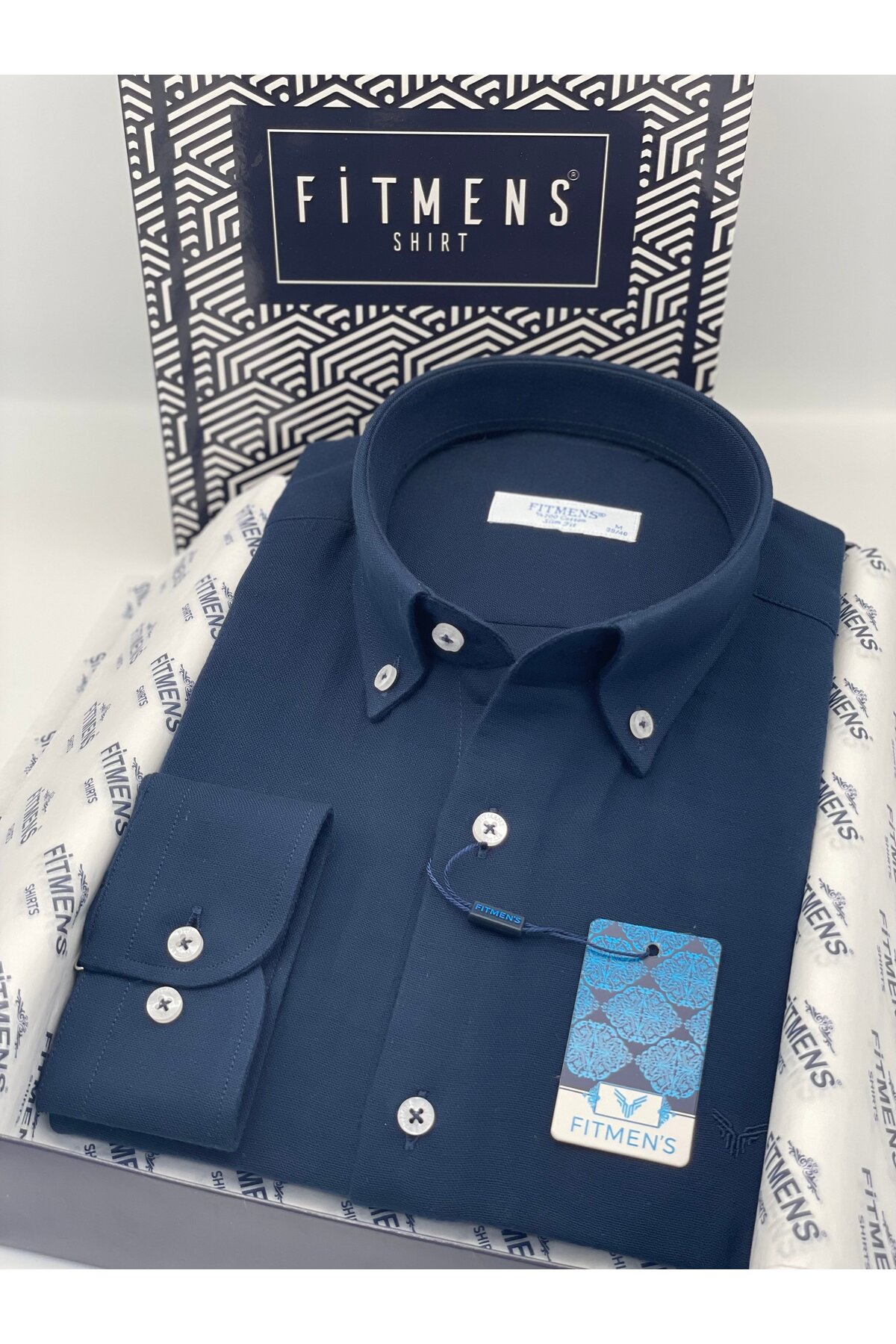 Slim Fit Uzun Kol Müslin Pamuk Rahat Nefes Alabilen Kumaştan Yaka Düğmeli Hediye Kutulu Erkek Gömlek — سرمه‌ای FS-004202 — تصویر 5 از 7