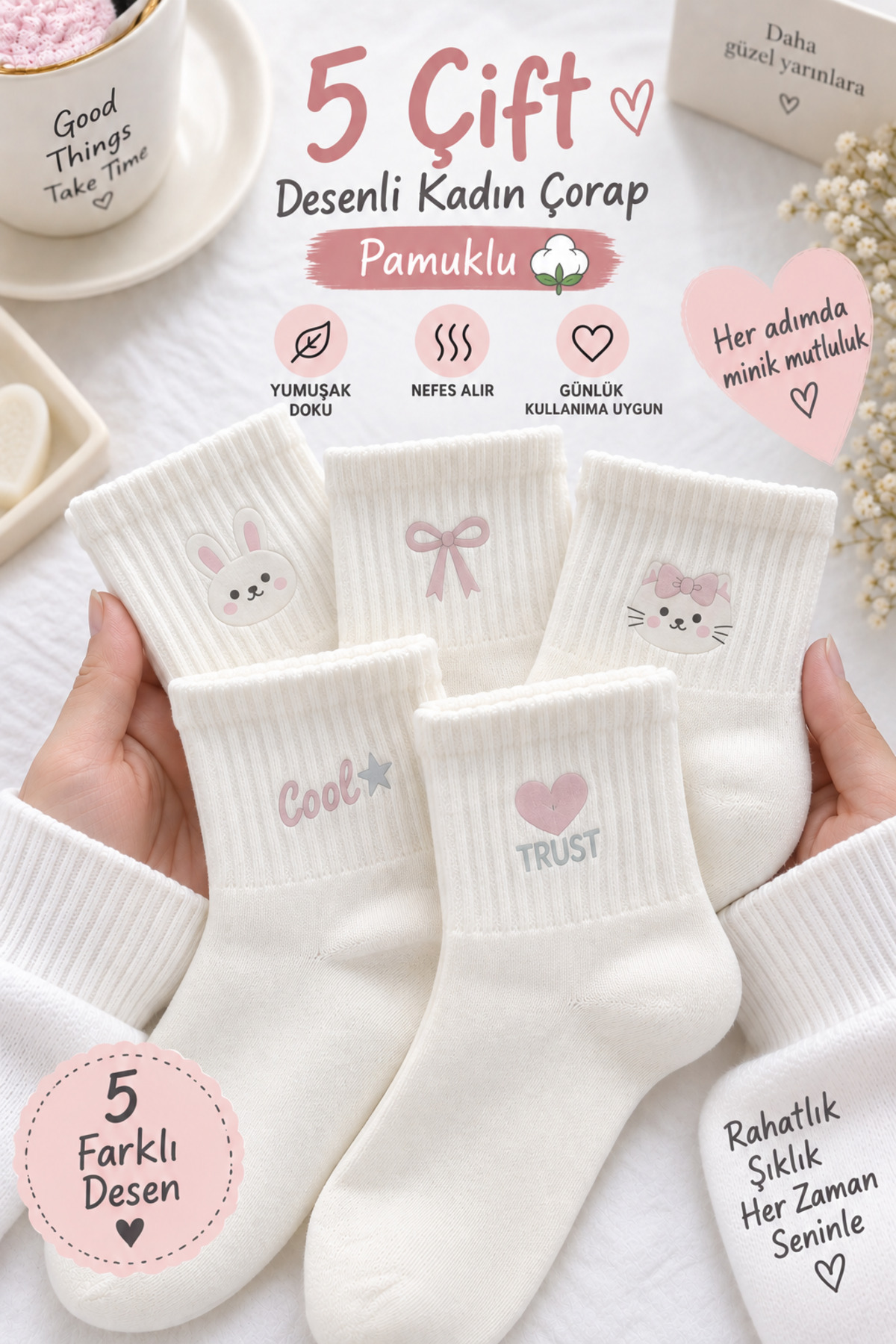 Hitit Socks Kadın 5 Çift Fiyonk ve Hayvan Desenli Pamuklu Kısa Konç Patik Çorap Beyaz