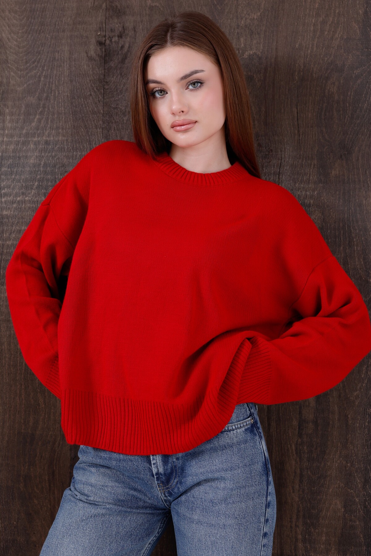 Kırlangıç Moda Kırmızı Oversize Bisiklet Yaka Kadın Triko Kazak