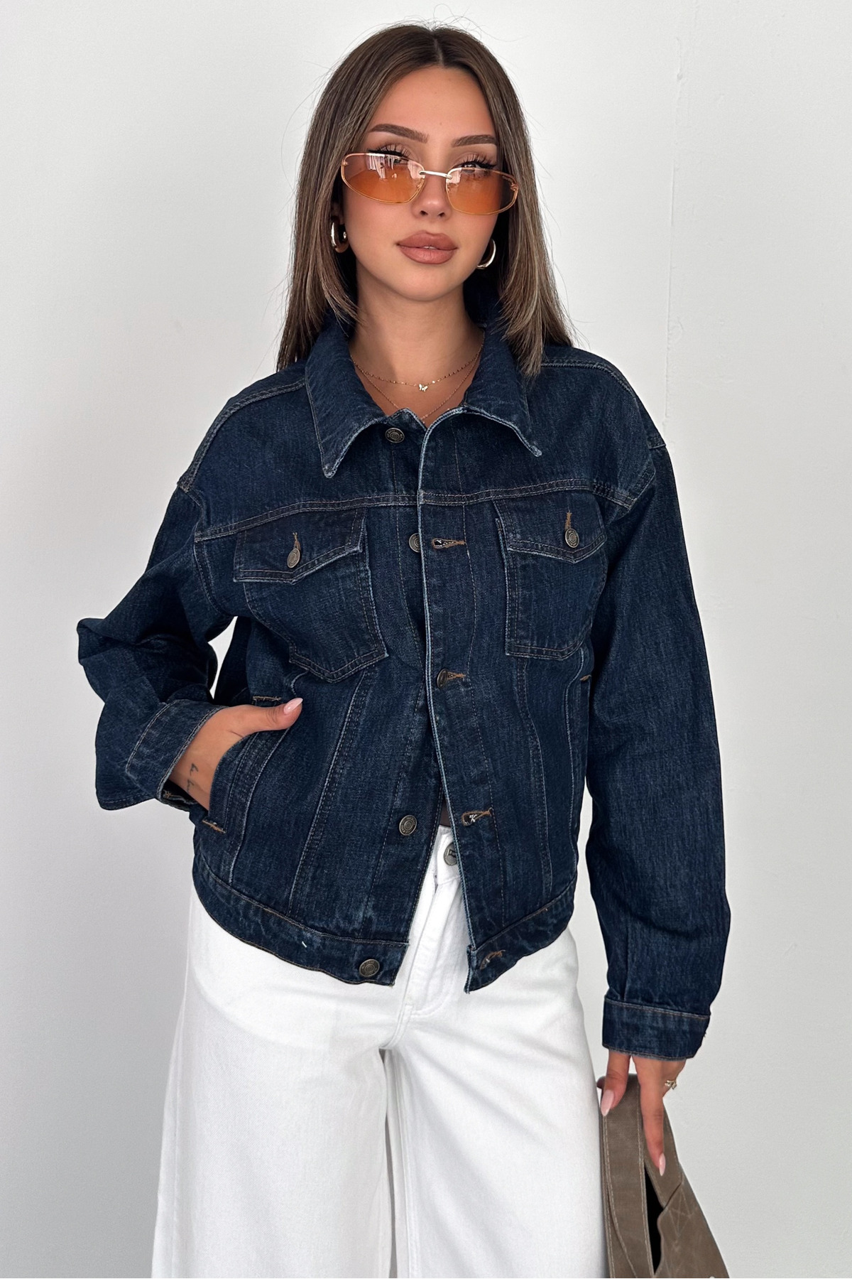 HLT JEANS Kadın Koyu Mavi Jean Denim Oversize Kalıp Beli Lastikli Cepli Düğmeli Kot Ceket LARA-5009 görsel 8