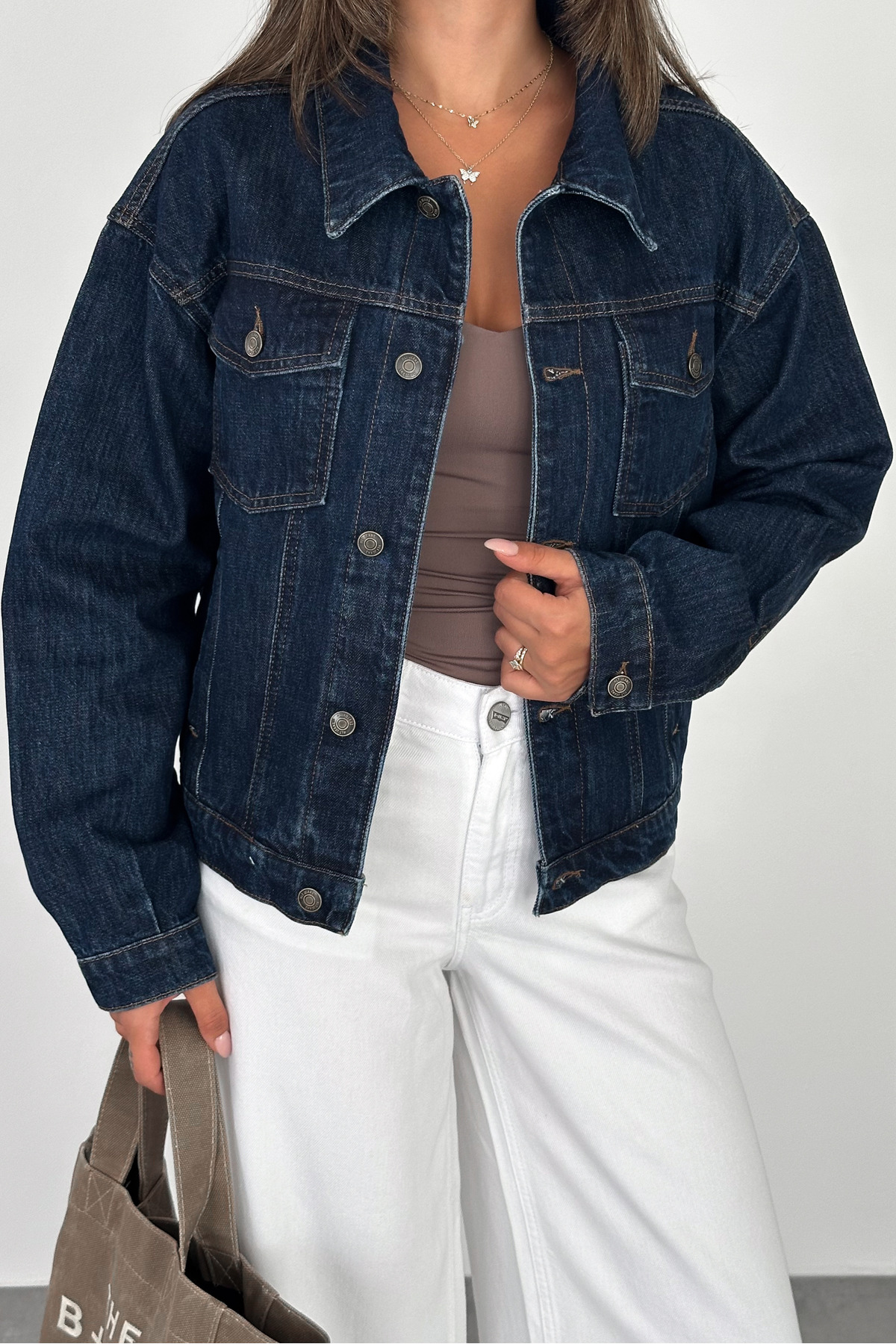 HLT JEANS Kadın Koyu Mavi Jean Denim Oversize Kalıp Beli Lastikli Cepli Düğmeli Kot Ceket LARA-5009 görsel 2