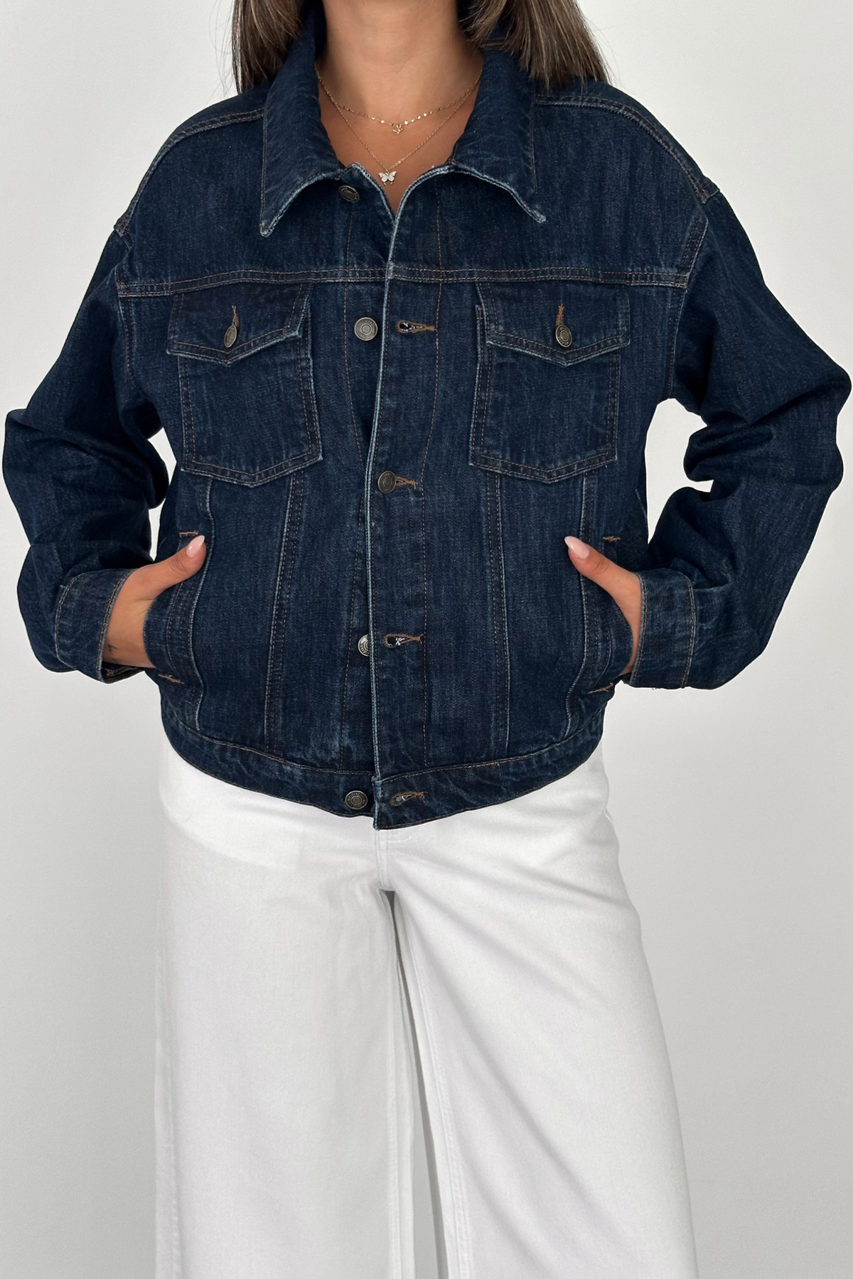 HLT JEANS Kadın Koyu Mavi Jean Denim Oversize Kalıp Beli Lastikli Cepli Düğmeli Kot Ceket LARA-5009 görsel 7