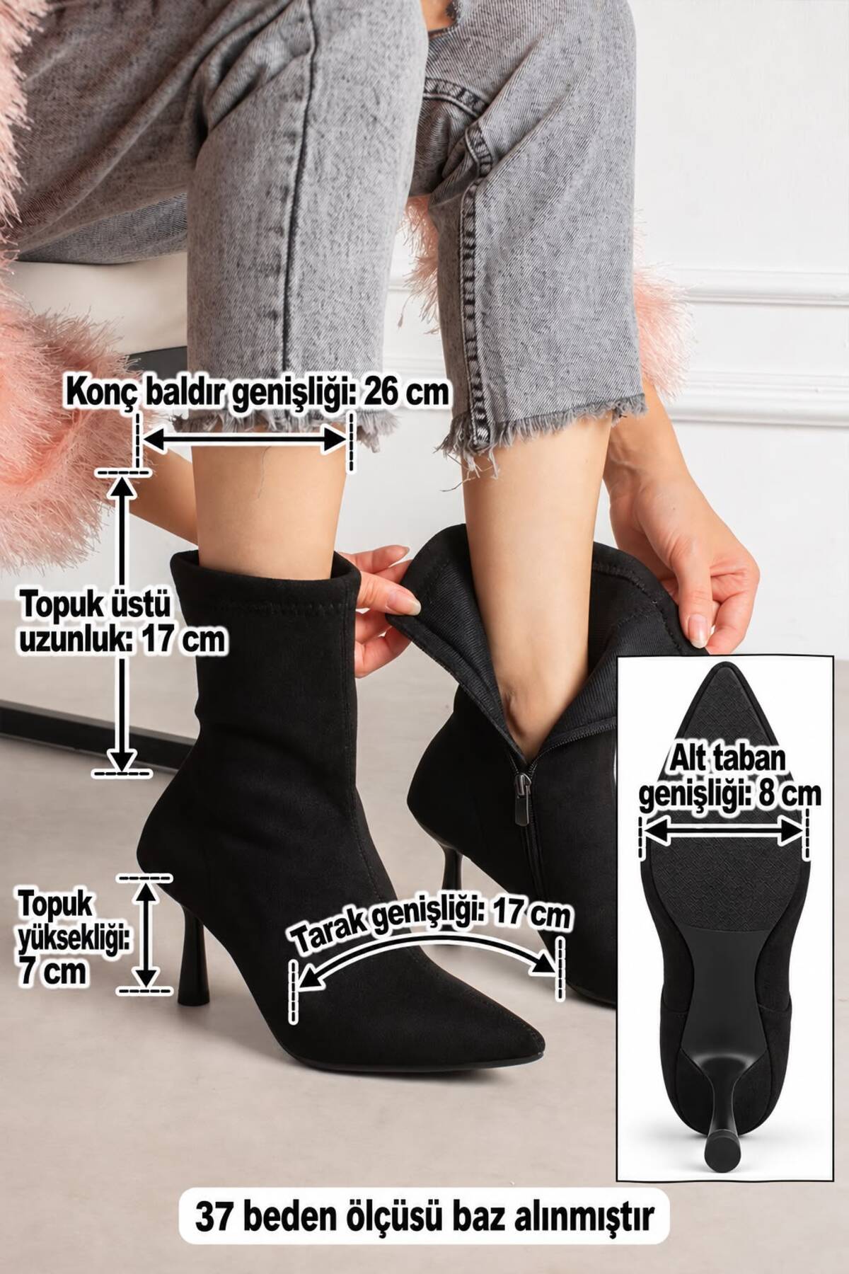 dabab shoes MARYA Kadın Siyah Streç Lüks Süet Sivri Burun Sıcak Astarlı Fermuarlı 7 Cm İnce Topuklu Bot Bootie görsel 5