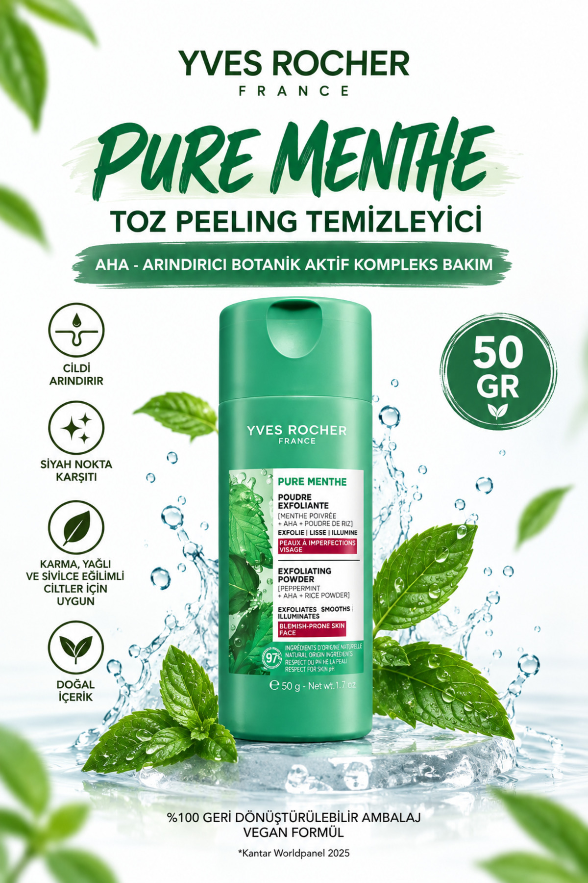 Yves Rocher پودر لایه بردار AHA پیور منته ۵۰ گرم برای پوست چرب و مختلط مستعد آکنه — YUZPEEL-YVES-BYD-29