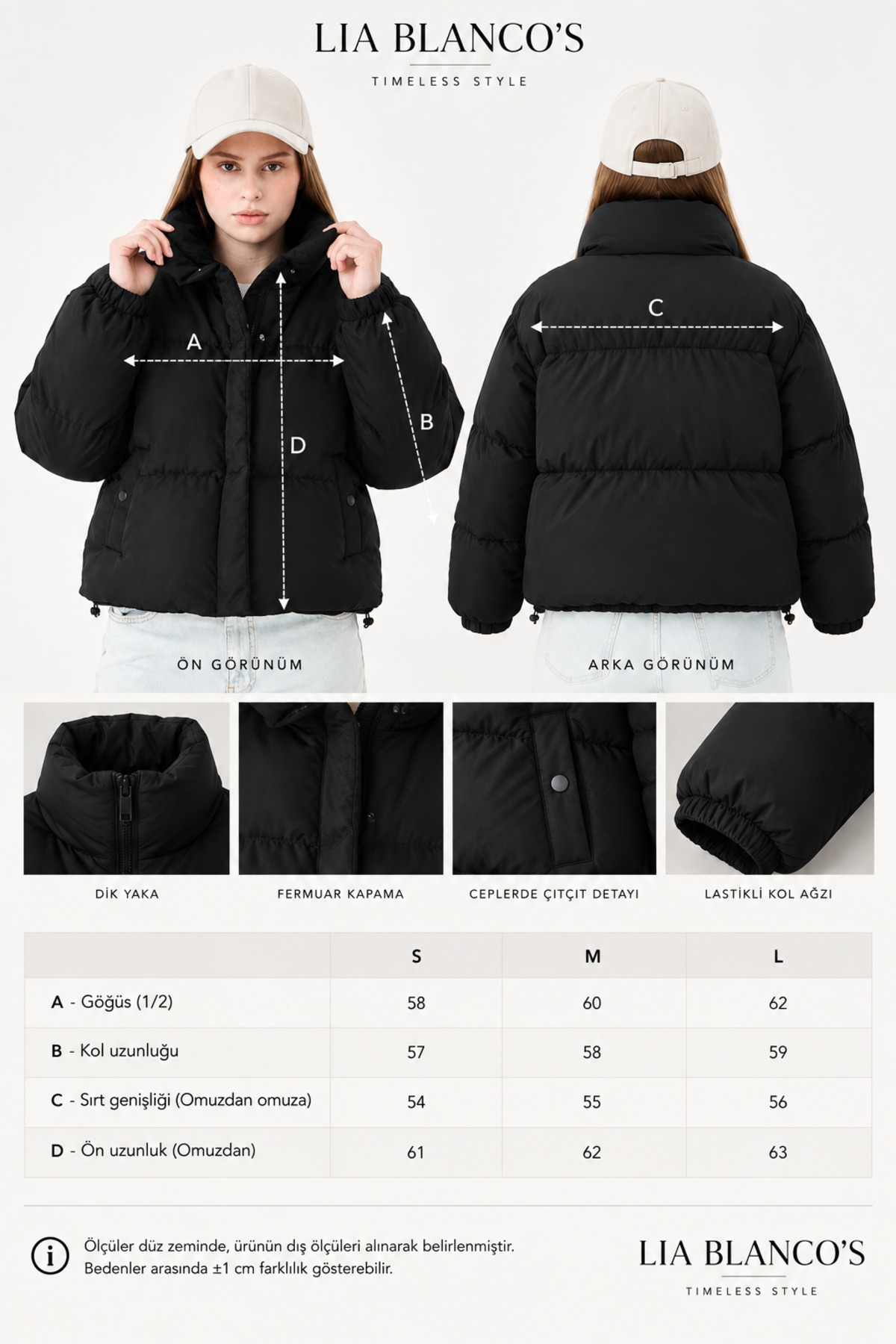 Lia Blanco's Kadın Siyah Oversize Dik Yaka Şişme Mont görsel 8