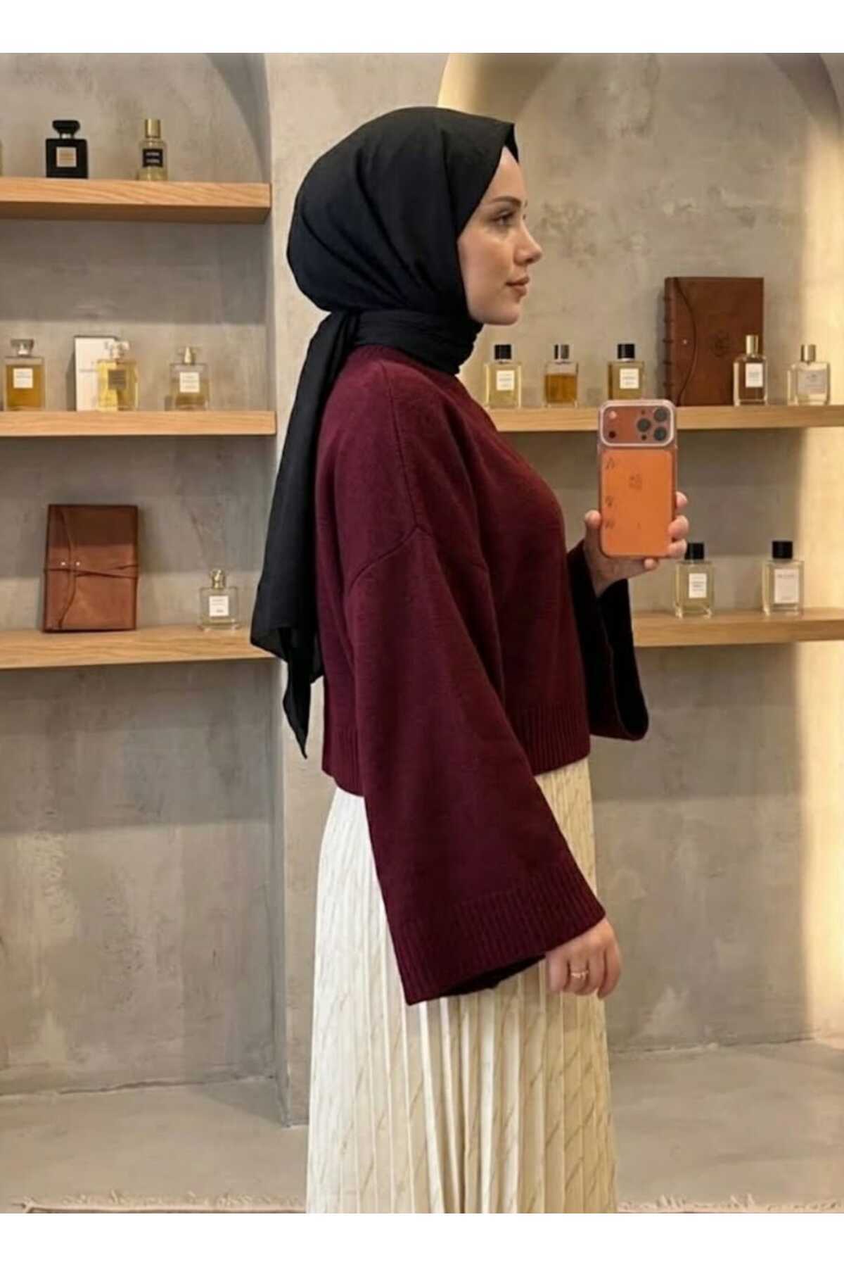 METLAM TEKSTİL Kadın Bordo Yarasa Kol Kazak görsel 3