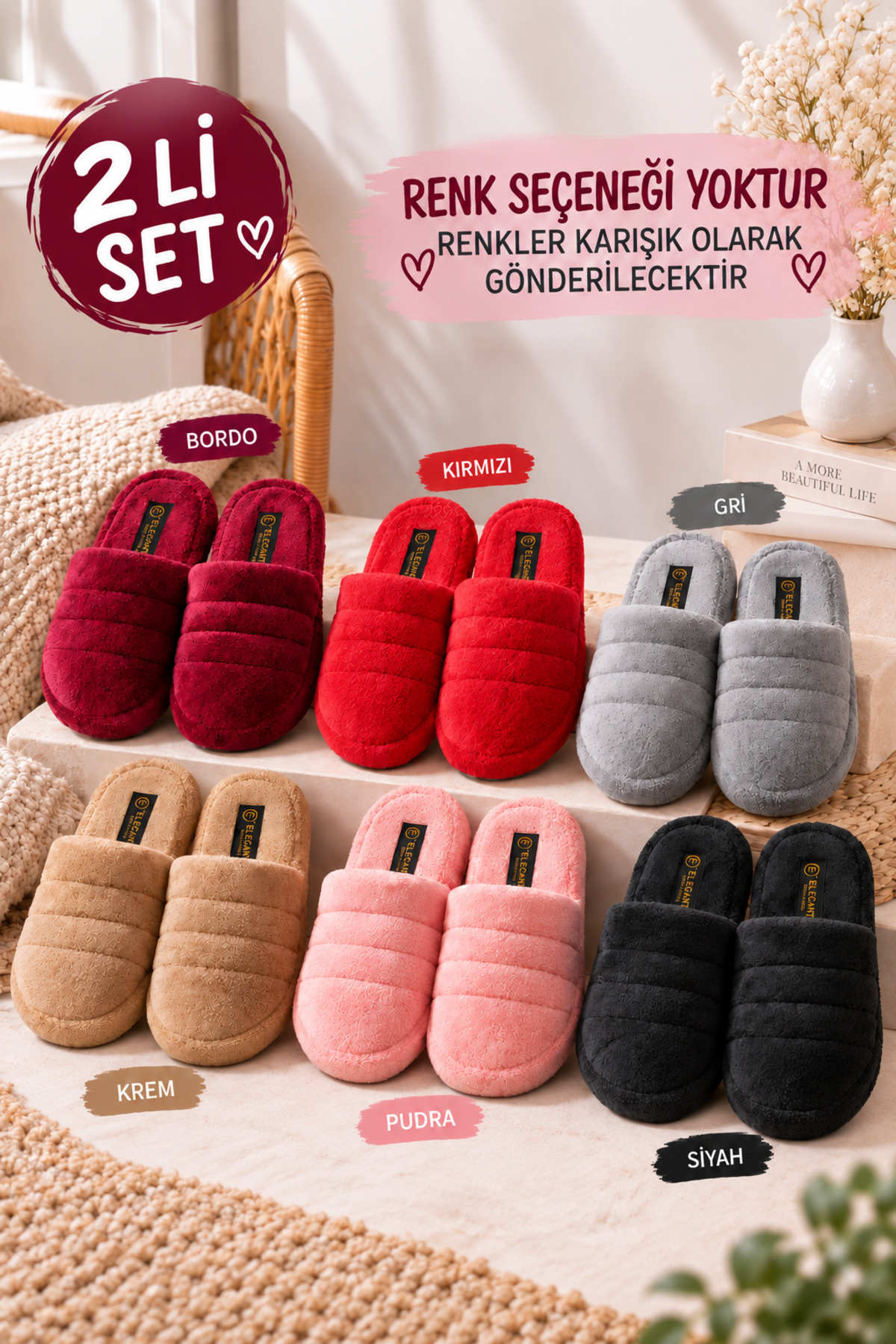 Slipcat 2' Li Paket Önü Kapalı Terlik Ev Terliği Çeyiz Bohça Seti