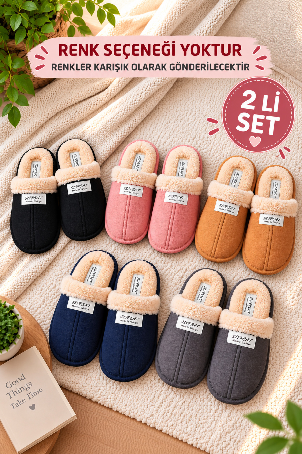 Slipcat 2' Li Paket Önü Kapalı Terlik Ev Terliği Çeyiz Bohça Seti