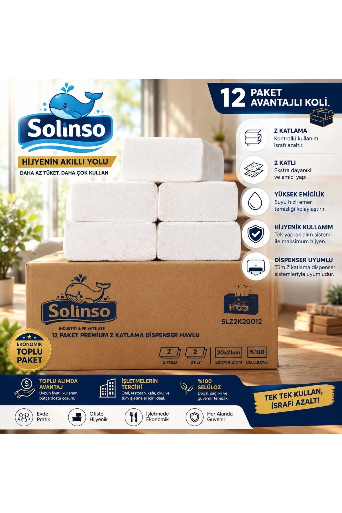 SOLINSO Premium Z Katlama Kâğıt Havlu 12 Paket Dispenser Peçete 20x21 Cm 1400 gr