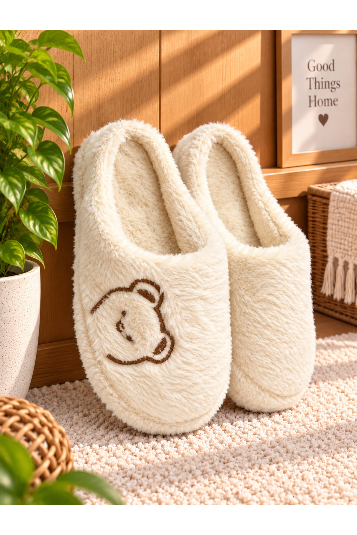 Moda Frato FLUFFY Ayıcık Desenli Kadın Ev Terliği Kışlık Yünlü Terlik Ses Yapmayan İçi Yünlü Günlük Rahat Terlik