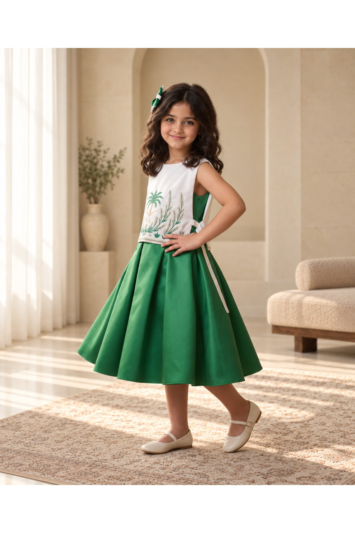 Saudi National Day 96 Girls Green and White Dress