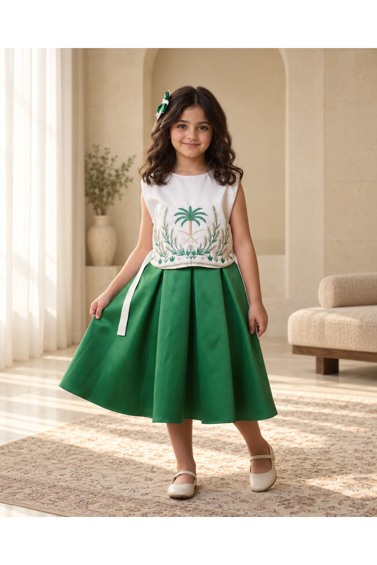 Saudi National Day 96 Girls Green and White Dress