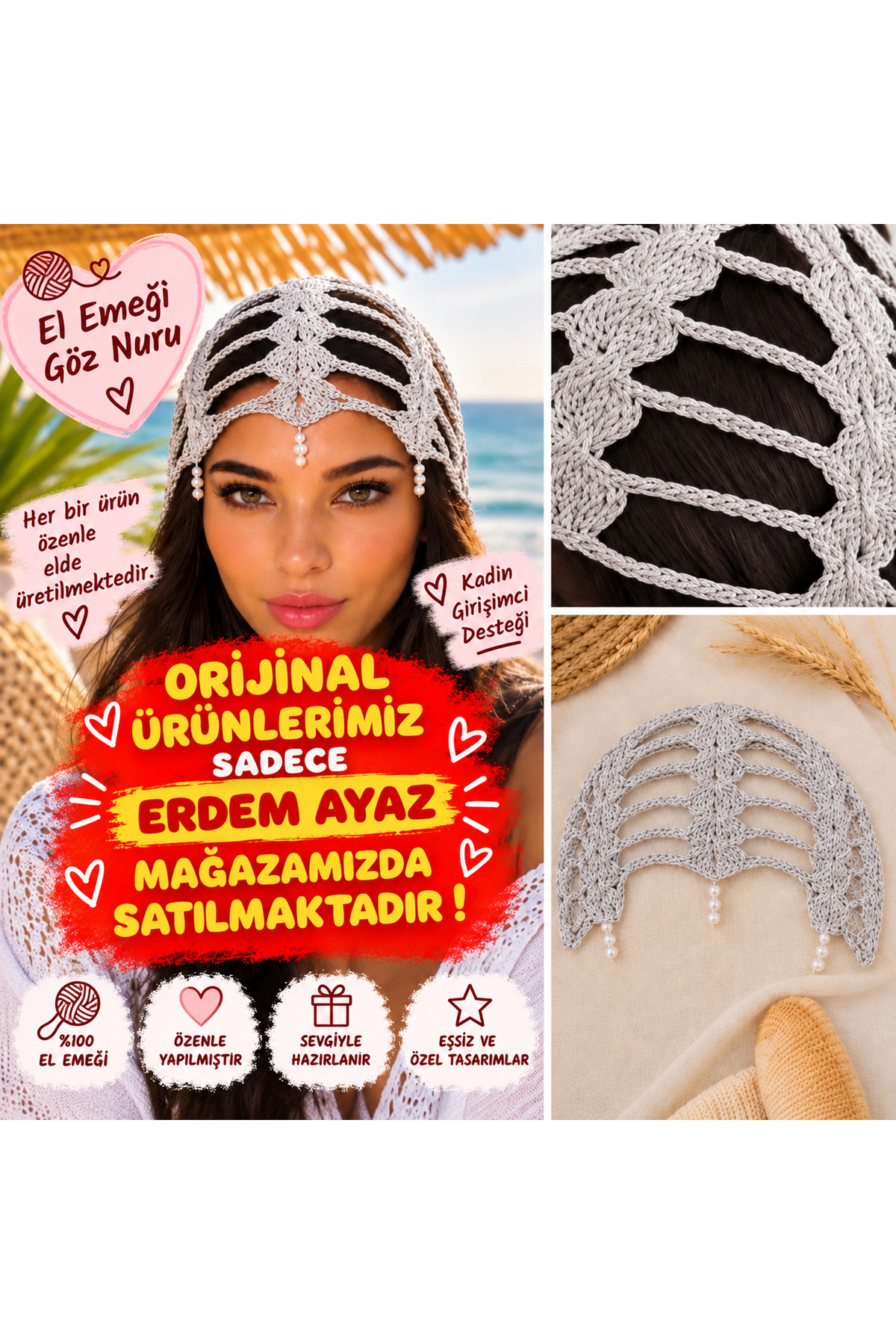 SHOOP El Örgüsü File Bere, Yazlık Saç Beresi, Trend Bere Şapka görsel 3